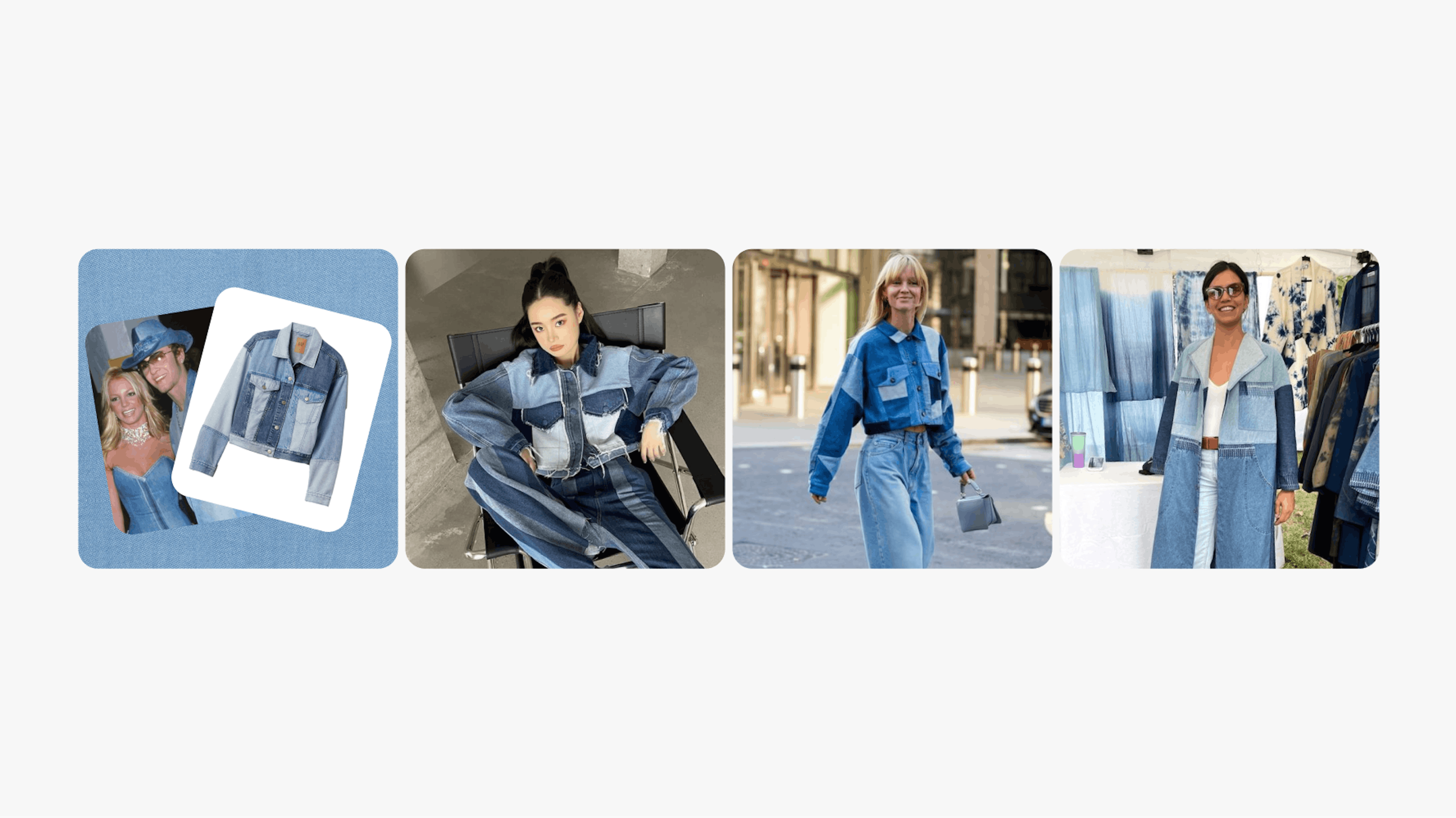 Four slides across. The first slide has two stacked cards on a denim background. The following three slides are full bleed images of women wearing similar denim patchwork jackets with jeans.
