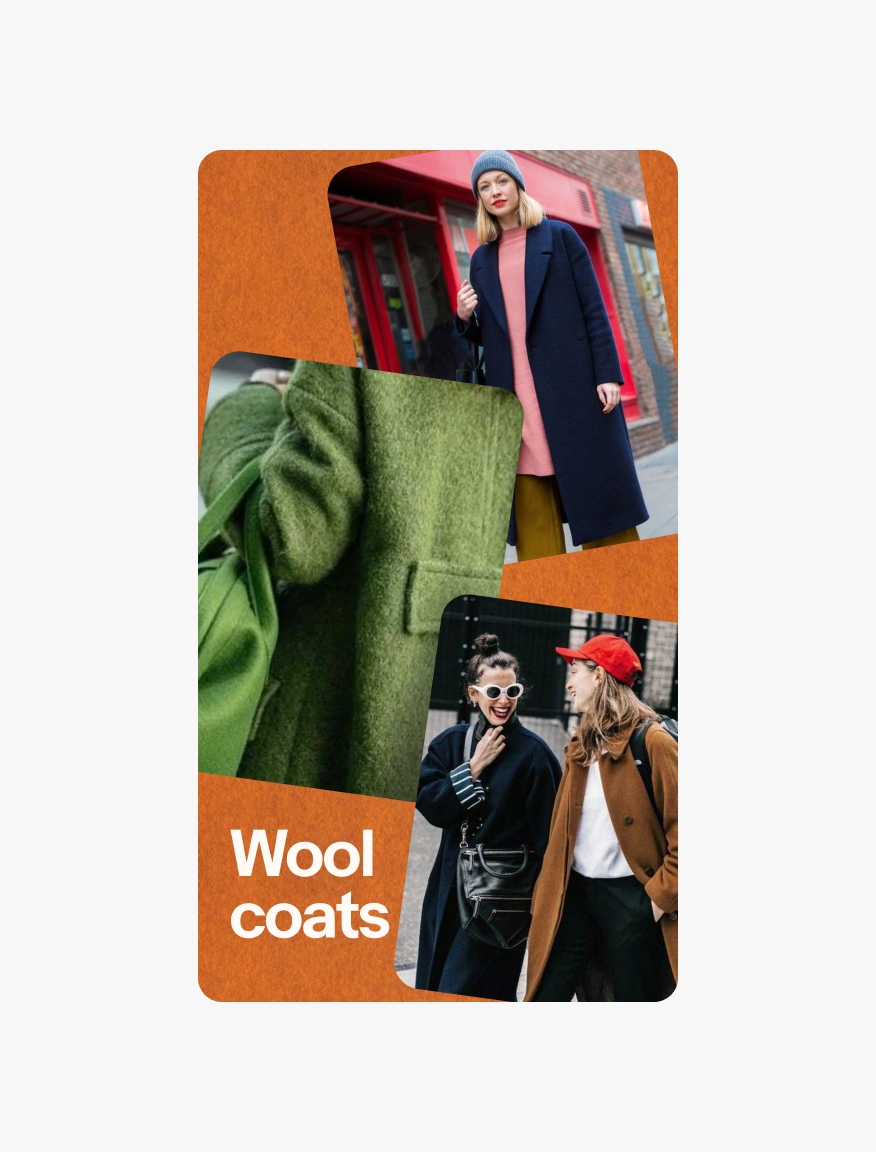 A vertical ad with an orange wool textured background and a card of a close up image of a person wearing a green wool coat with a green wool purse.