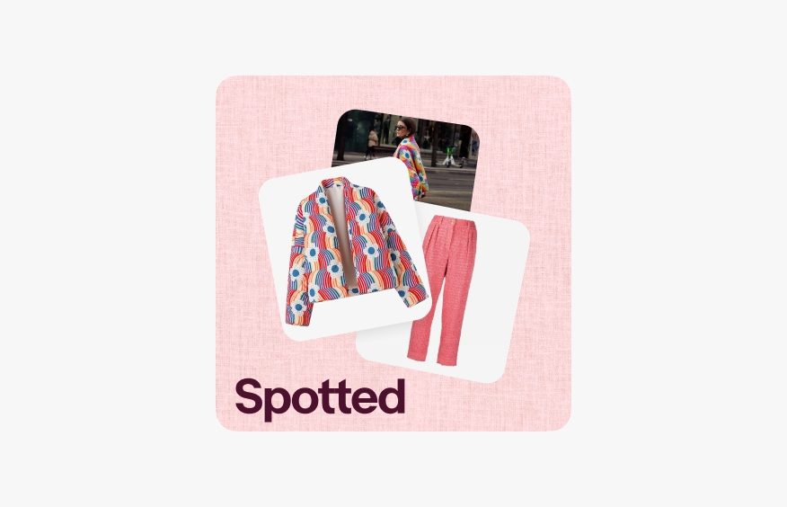 A slide with a pink linen textured background and three stacked cards of a colorful jacket, pink pants, and an image of a woman wearing those items.