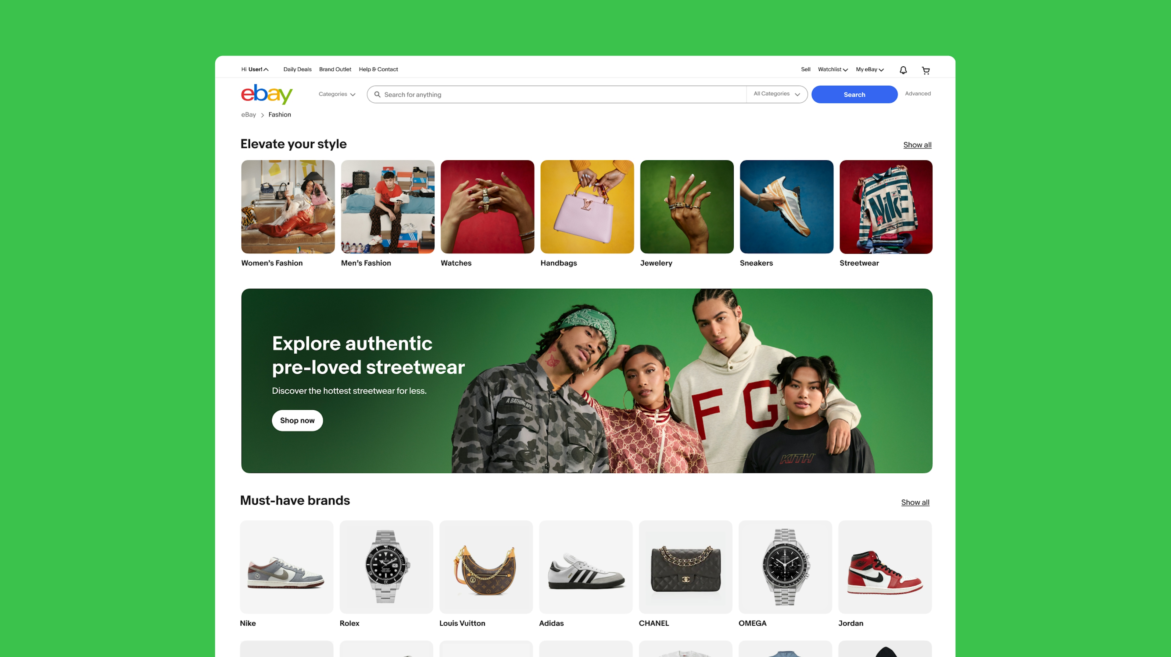 A screenshot of the new fashion hub on eBay.com, showcasing top categories, brands, and partnerships for shopping fashion on eBay. The visual is set on top of a green background.