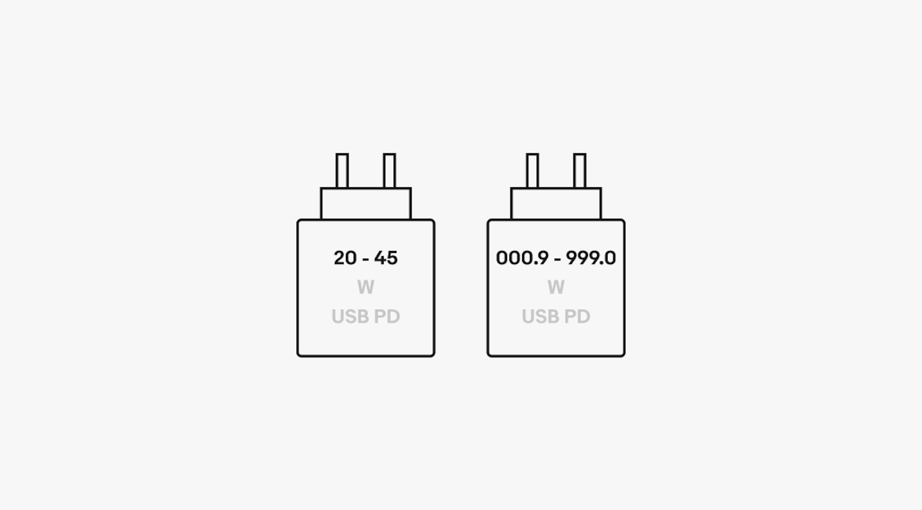 Two CCD charger detail pictograms. The power range is on the top. The left has a range of 20 - 45, and the right is 900.0 - 999.0.