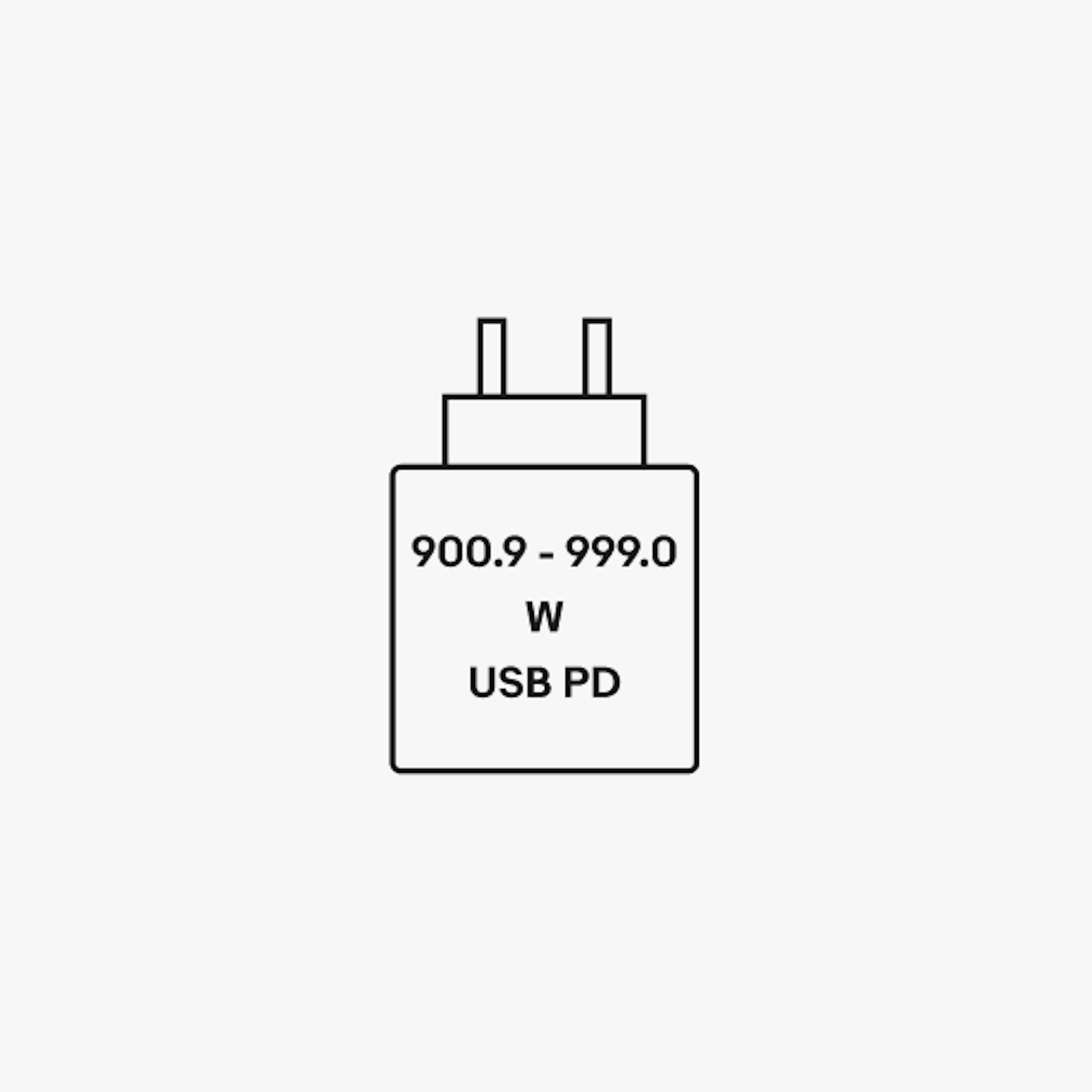 The “Charger details” type of CCD. It depicts a charger inside with no rectangle, and stacked 3 lines of type inside, “900.9 - 999.0”, “W”, and “USB PD”.