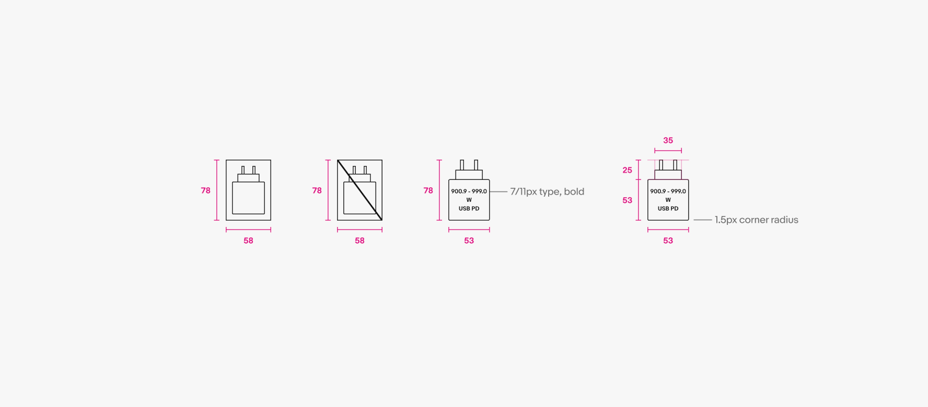 Specs for CCD has charger, doesn’t have charger, and charger details pictograms. Each are 78px tall. Has/doesn’t have charger are 58px wide. Charger details is 53px wide with 7/11px type that is bold. Charger details is made of two parts: top which is 25px tall and 35px wide, and bottom which is 53px tall with a 1.5px corner radius.