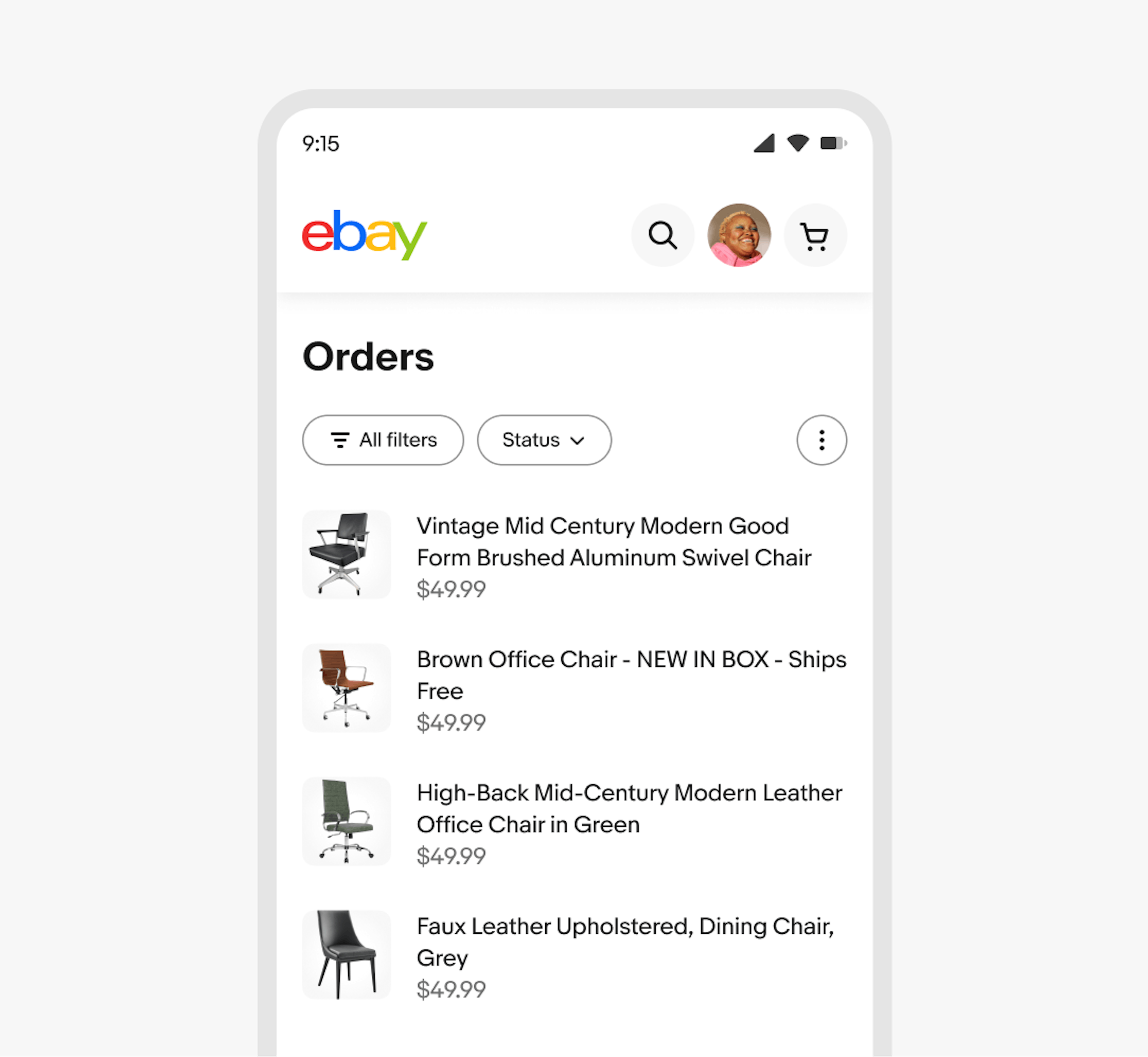 An order screen on the eBay mobile app with a filter group containing a search button, an ‘All filters’ button, a ‘Status’ dropdown filter, and an overflow button.