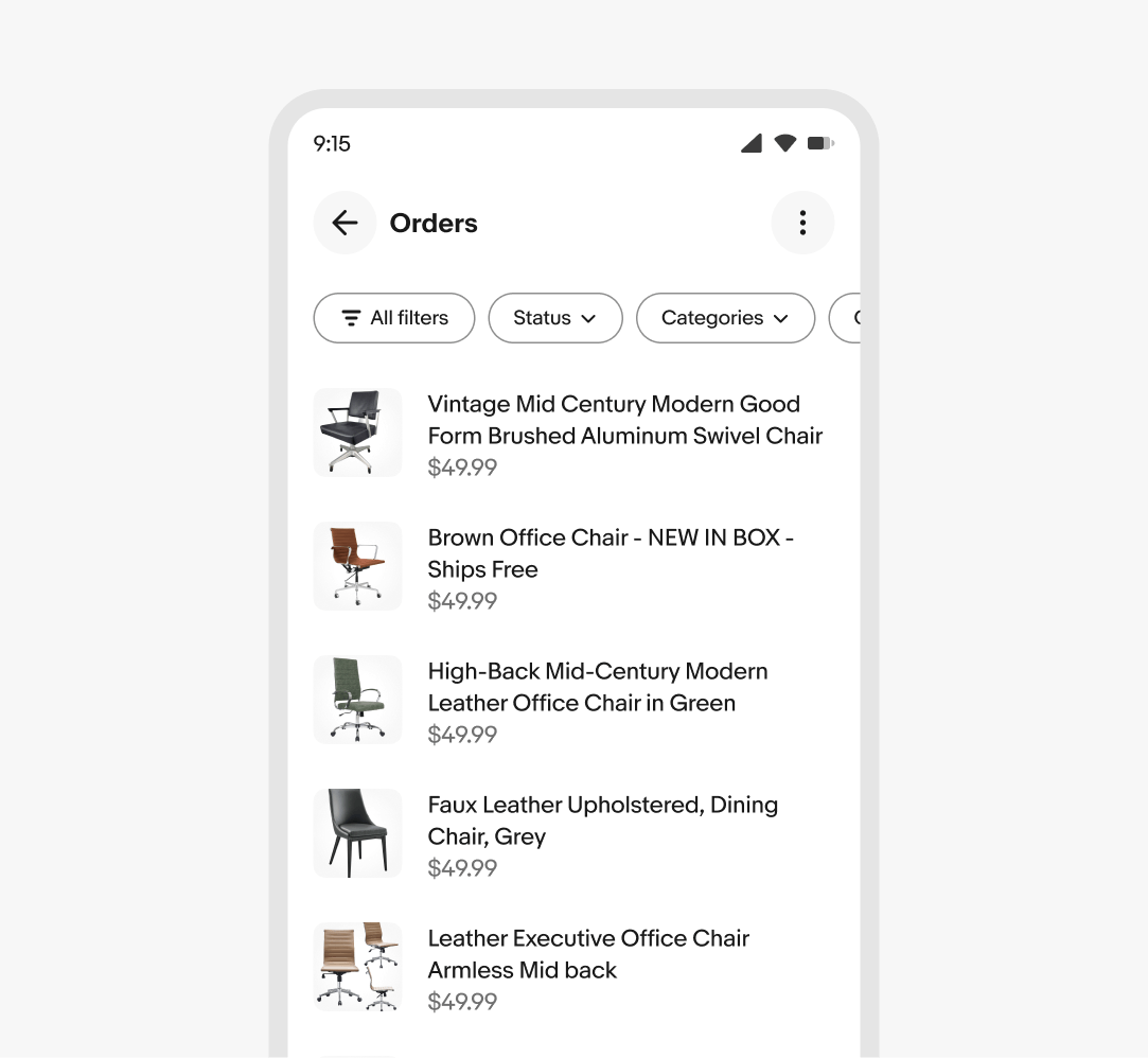 An order screen on the eBay mobile app with a filter group containing a search button, an ‘All filters’ button, a ‘Status’ dropdown filter, and an overflow button.