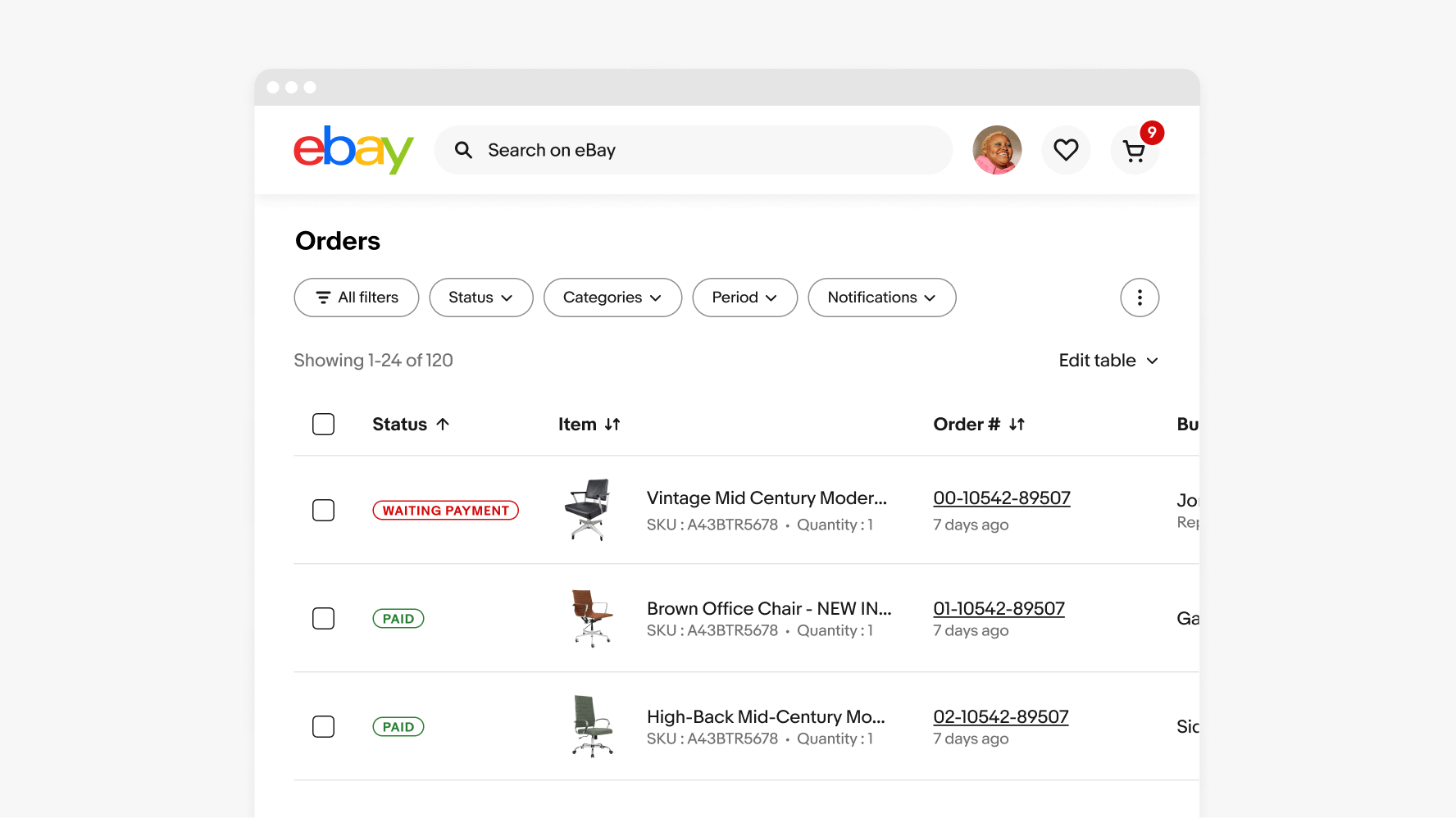 An order screen on a medium eBay screen with a filter group containing a search button, an ‘All filters’ button, a ‘Status’ dropdown filter, a ‘Categories’ dropdown filter, a ‘Period’ dropdown filter, a ‘Notifications’ dropdown filter, and an overflow button.