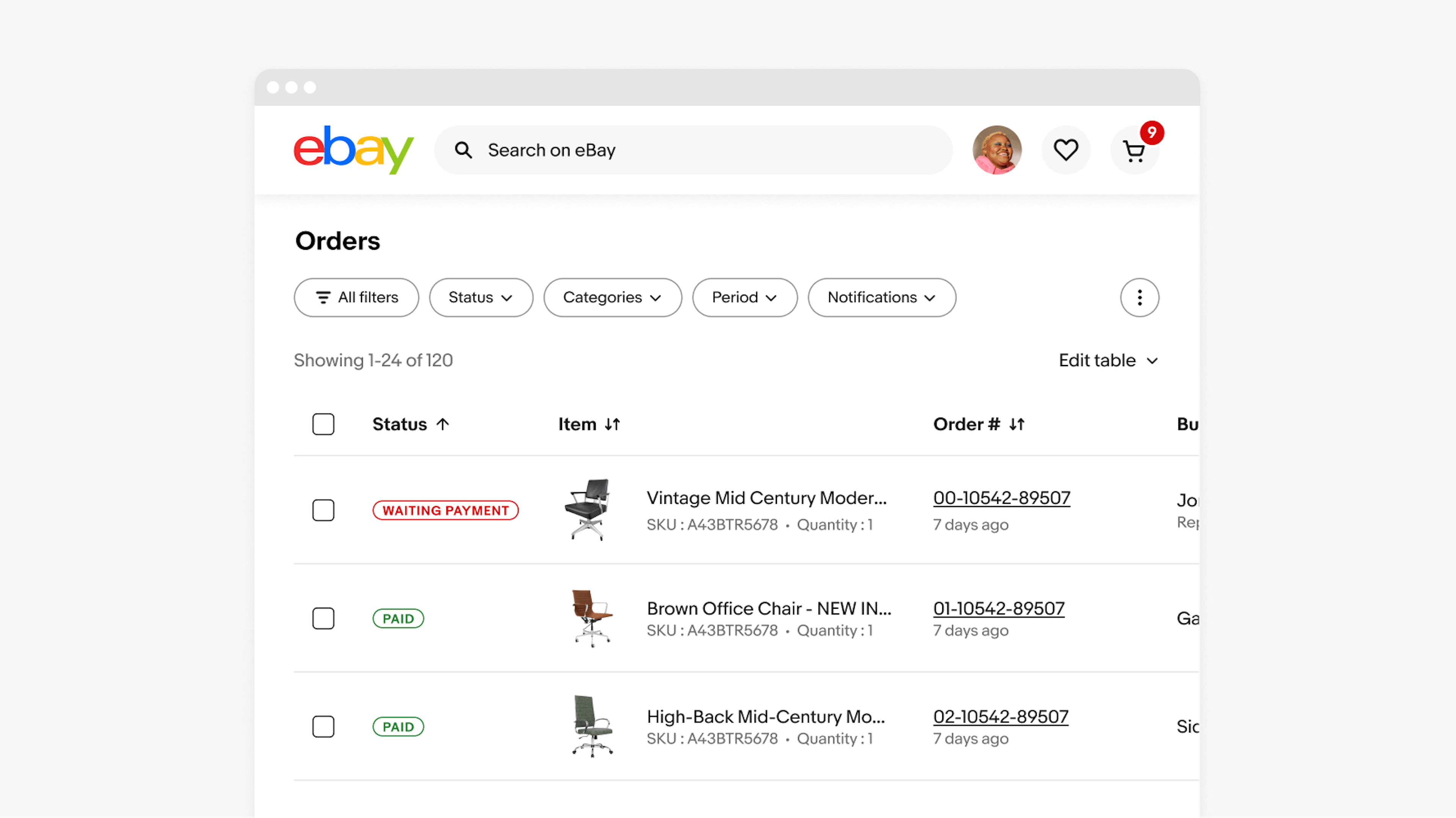 An order screen on a medium eBay screen with a filter group containing a search button, an ‘All filters’ button, a ‘Status’ dropdown filter, a ‘Categories’ dropdown filter, a ‘Period’ dropdown filter, a ‘Notifications’ dropdown filter, and an overflow button.