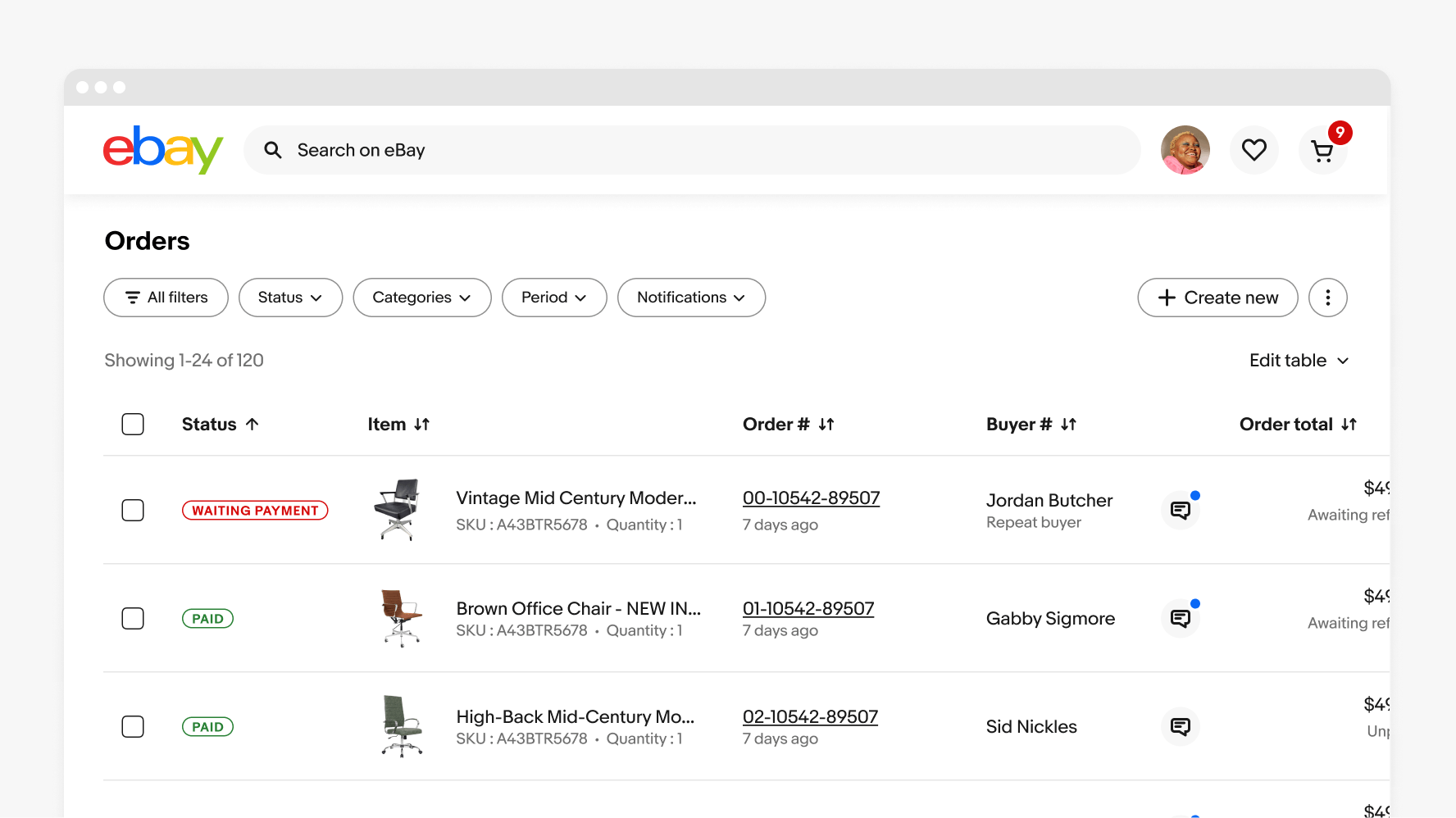 An order screen on a large eBay screen with a filter group containing a search button, an ‘All filters’ button, a ‘Status’ dropdown filter, a ‘Categories’ dropdown filter, a ‘Period’ dropdown filter, a ‘Notifications’ dropdown filter, and an overflow button.