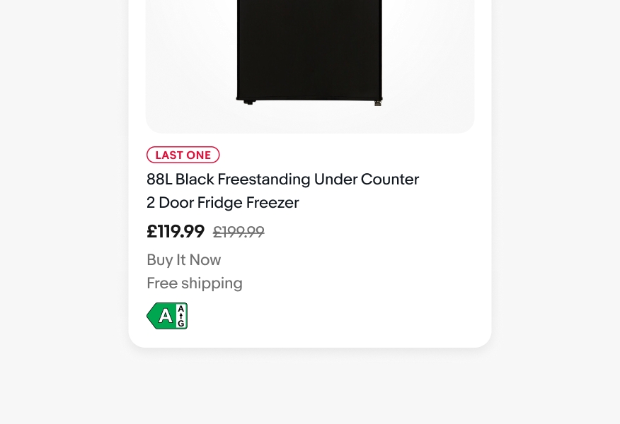 The lower portion of a gallery view item card showing that EEK badge placement is the last aspect element within the item card text.
