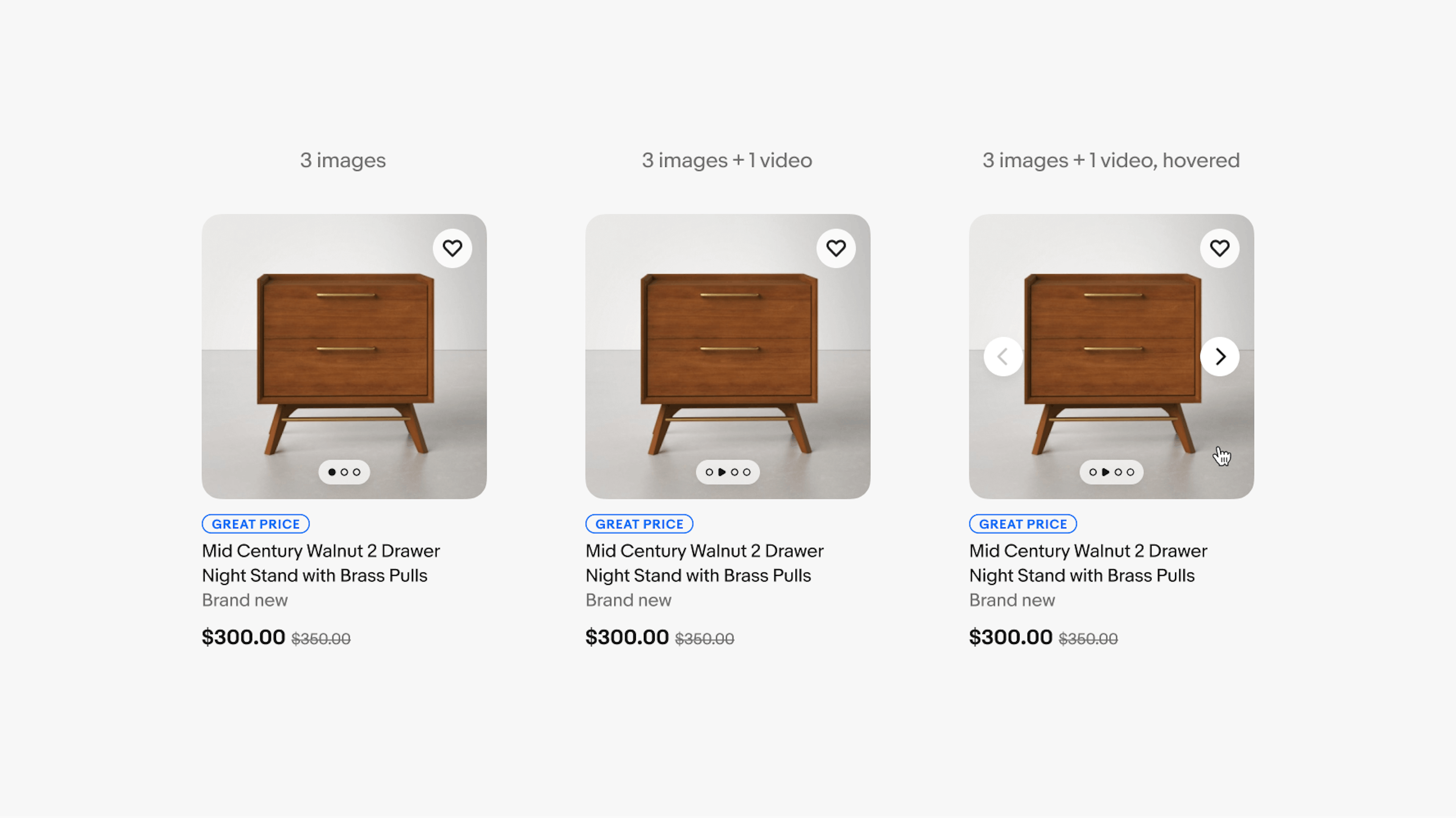 Three item tiles with media carousels. The first has 3 images. The second has 3 images with a video. The third has 3 images with a video and it’s in the hover state.