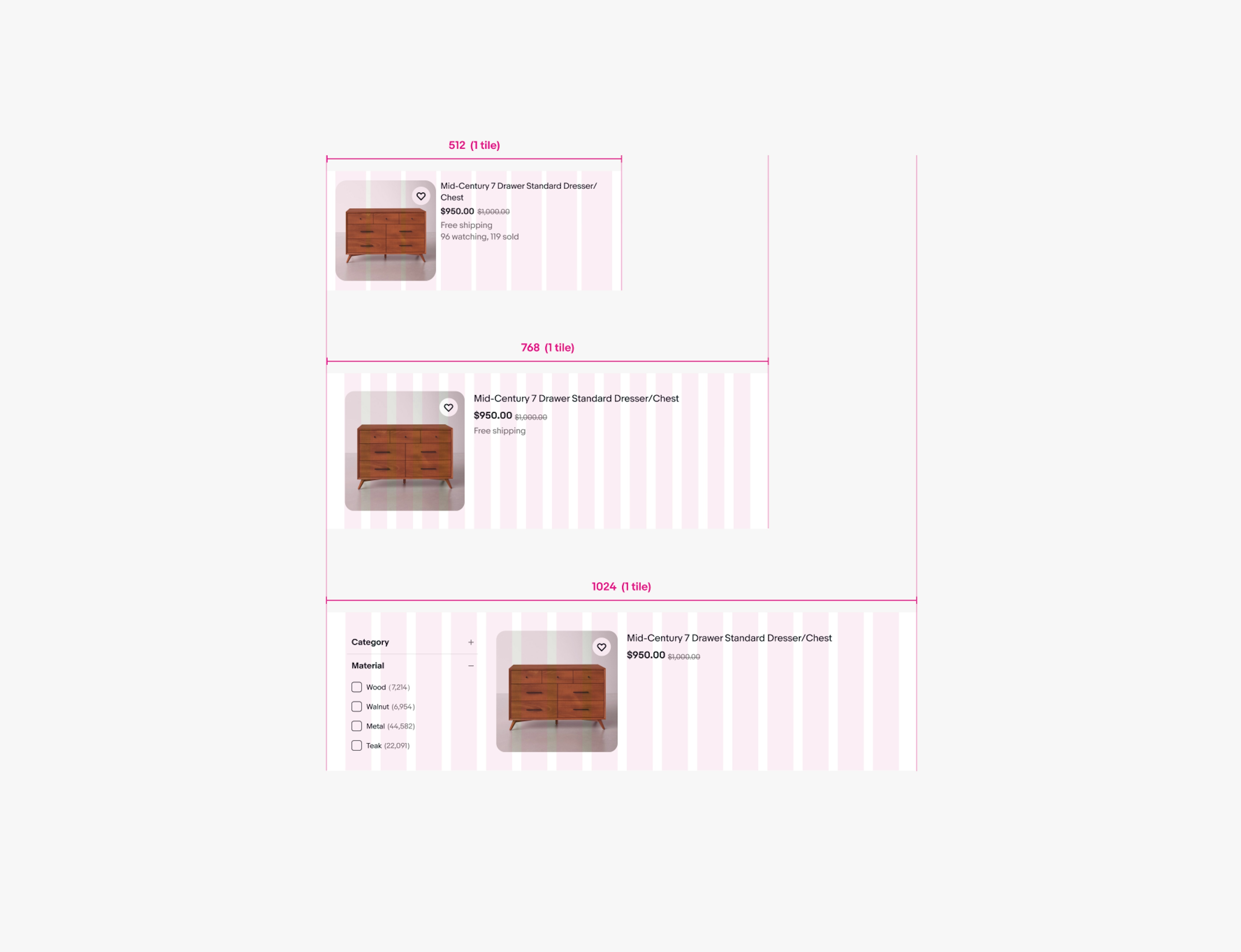 Medium screen list grid layouts with 1 item tile each.