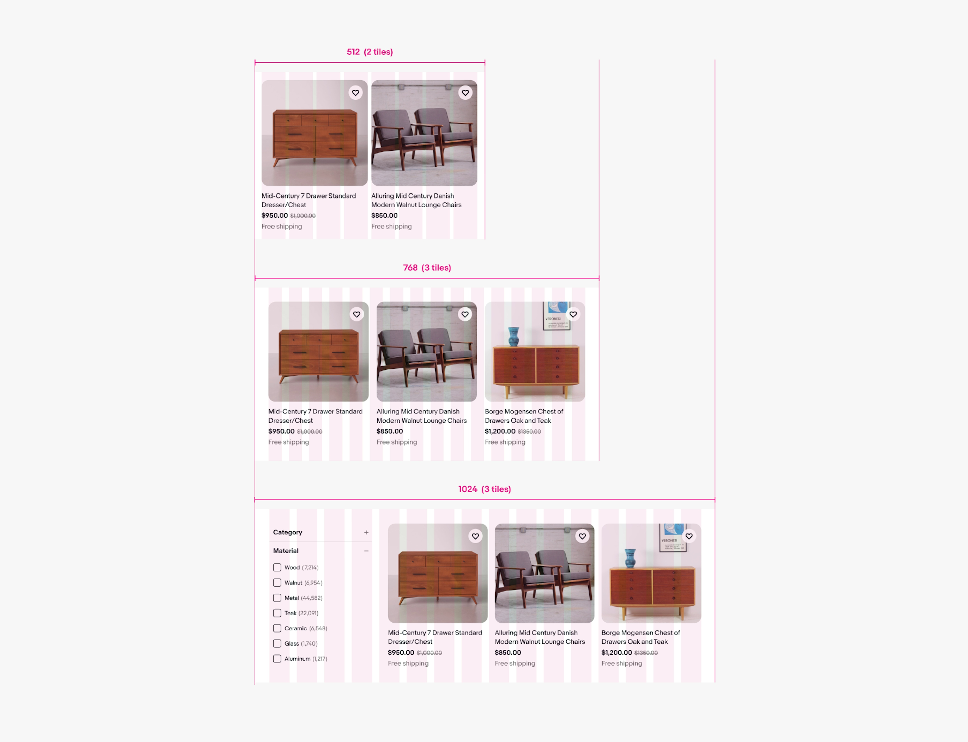 Medium screen uniform grid layouts with 2 and 3 item tiles each.