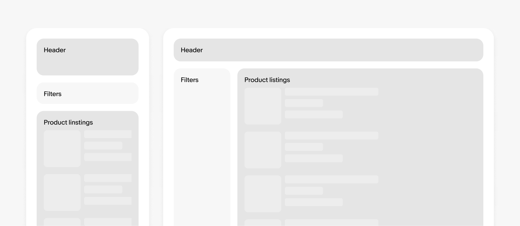 Diagram showing sections of an information architecture including header, filters, product listings. The layout shows a one column on a small screen and two columns on a large screen.
