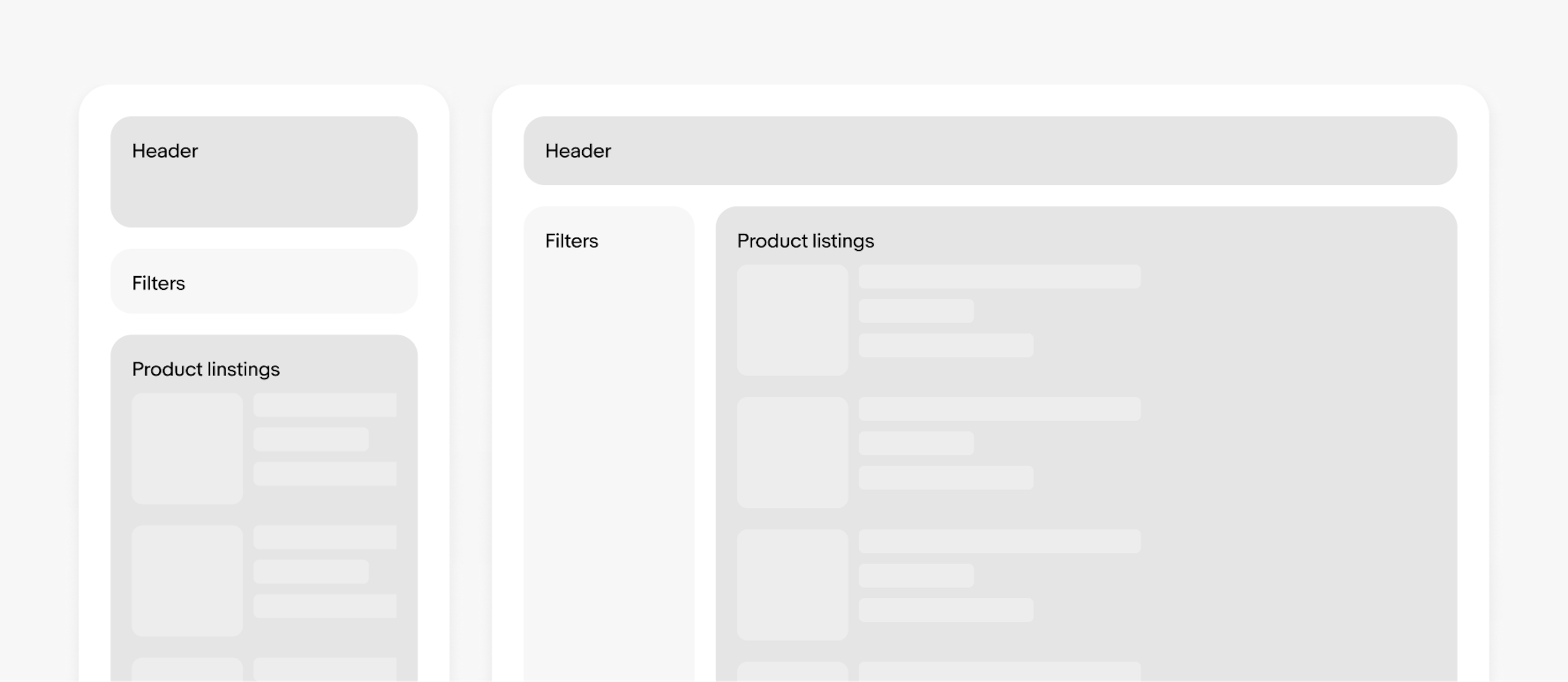 Diagram showing sections of an information architecture including header, filters, product listings. The layout shows a one column on a small screen and two columns on a large screen.