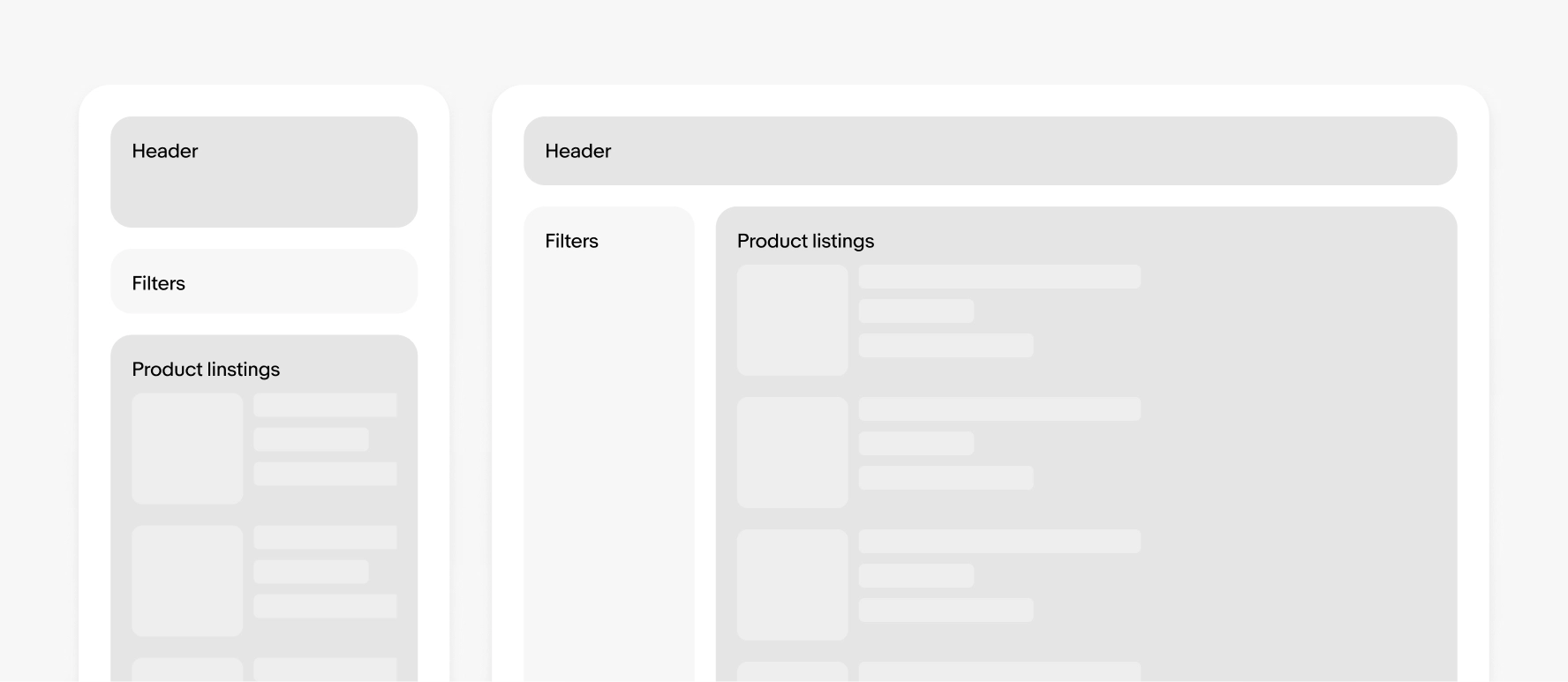 Diagram showing sections of an information architecture including header, filters, product listings. The layout shows a one column on a small screen and two columns on a large screen.