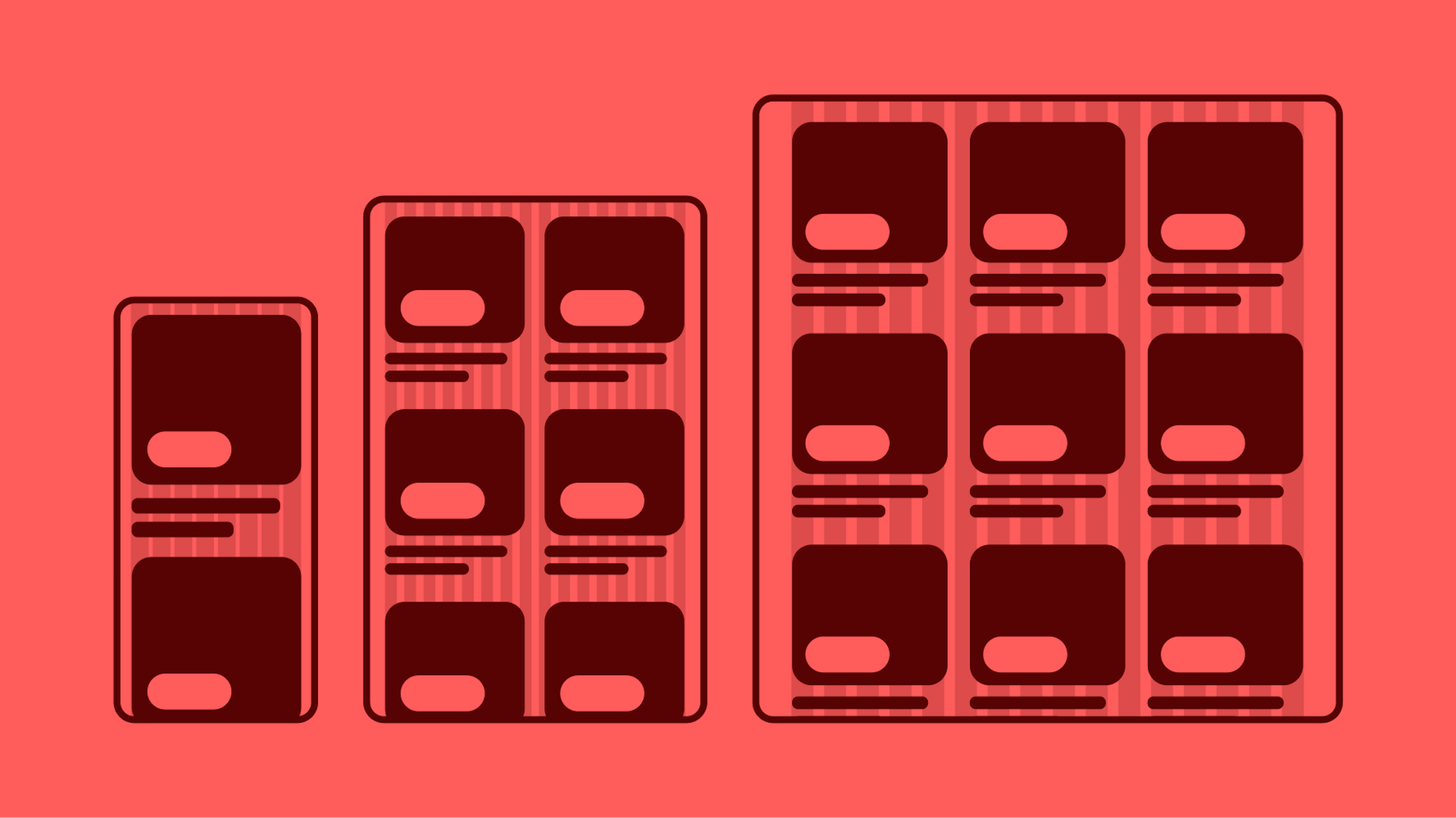 Stylized graphic for 3 different screen sizes illustrating responsive layouts