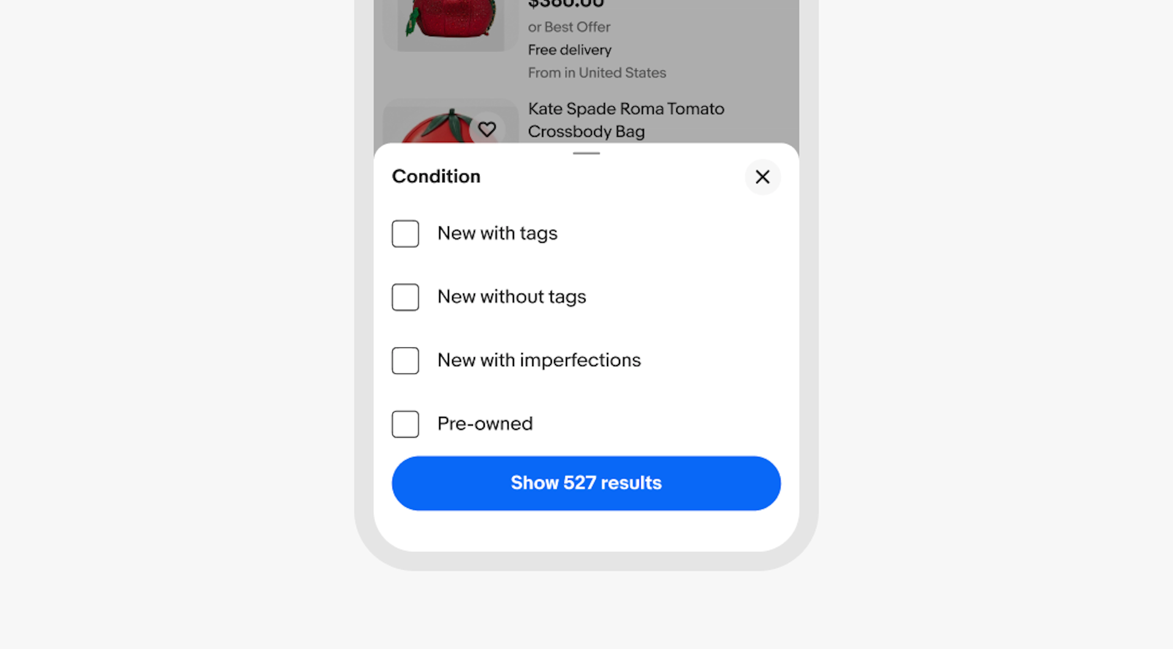 Mobile popover with filter group labeled "Condition" with four unchecked checkboxes. A primary "Show 527 results" button appears at the bottom. Product listings are partially visible behind the popover.