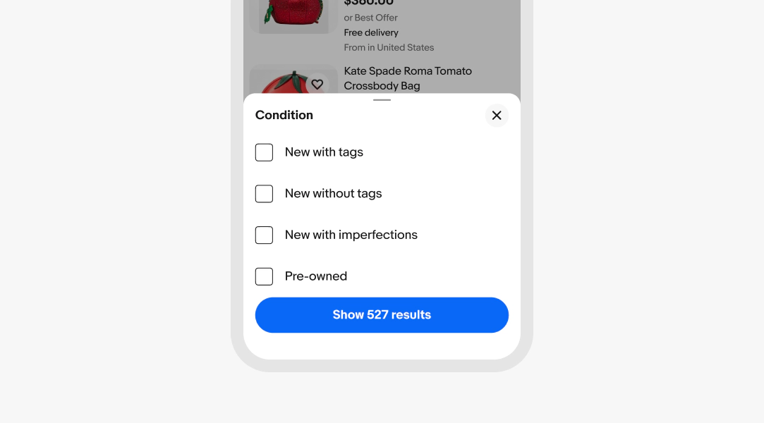 Mobile popover with filter group labeled "Condition" with four unchecked checkboxes. A primary "Show 527 results" button appears at the bottom. Product listings are partially visible behind the popover.