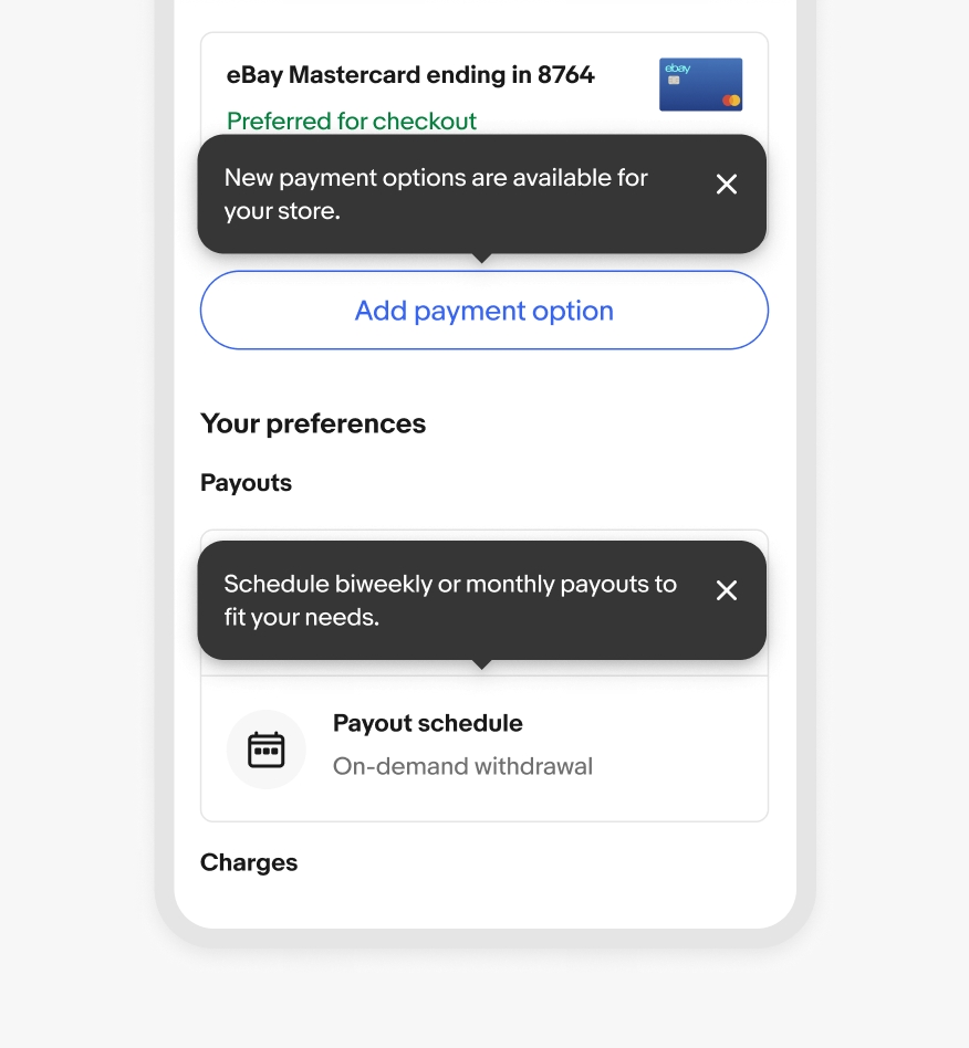 Two tourtips. A tourtip sits points to a ‘Payout schedule’ card on the eBay mobile app, and another points to an ‘Add payment’ option button.