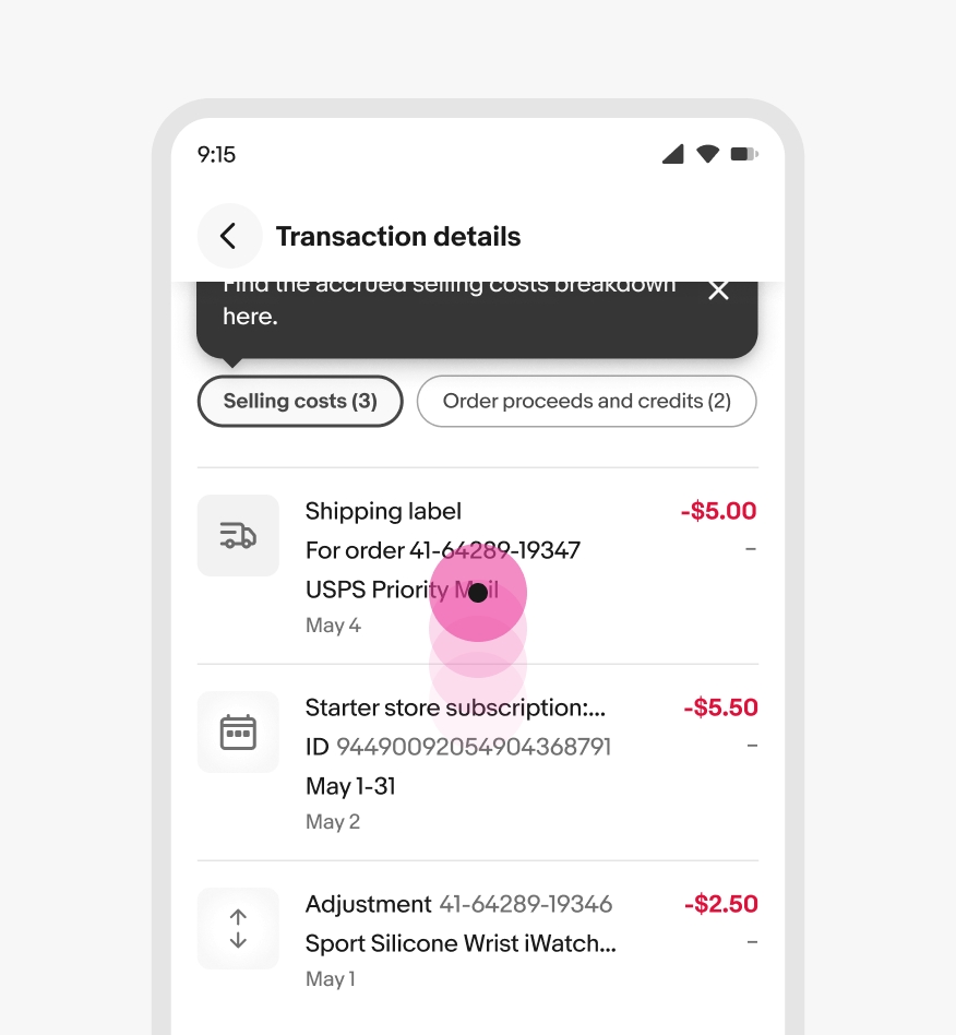 A ‘Transaction details’ page on the eBay mobile app showcasing overflow content and tourtip on the top of the page.