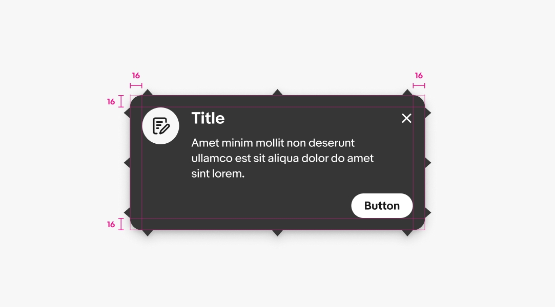 A tourtip with multiple pointer arrows on each side of the tourtip, and padding of 16px on each side.