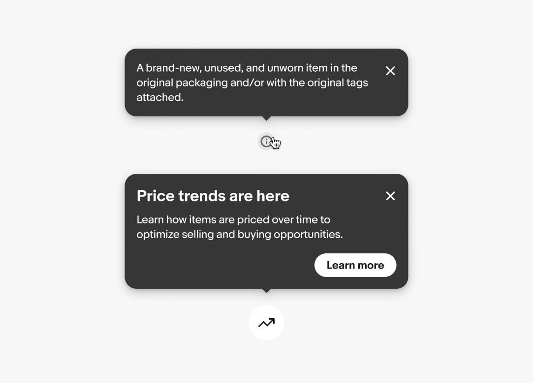 Two tourtips. An explicit tourtip toggled by an info button sits above an implicit tourtip automatically toggled by an icon button.