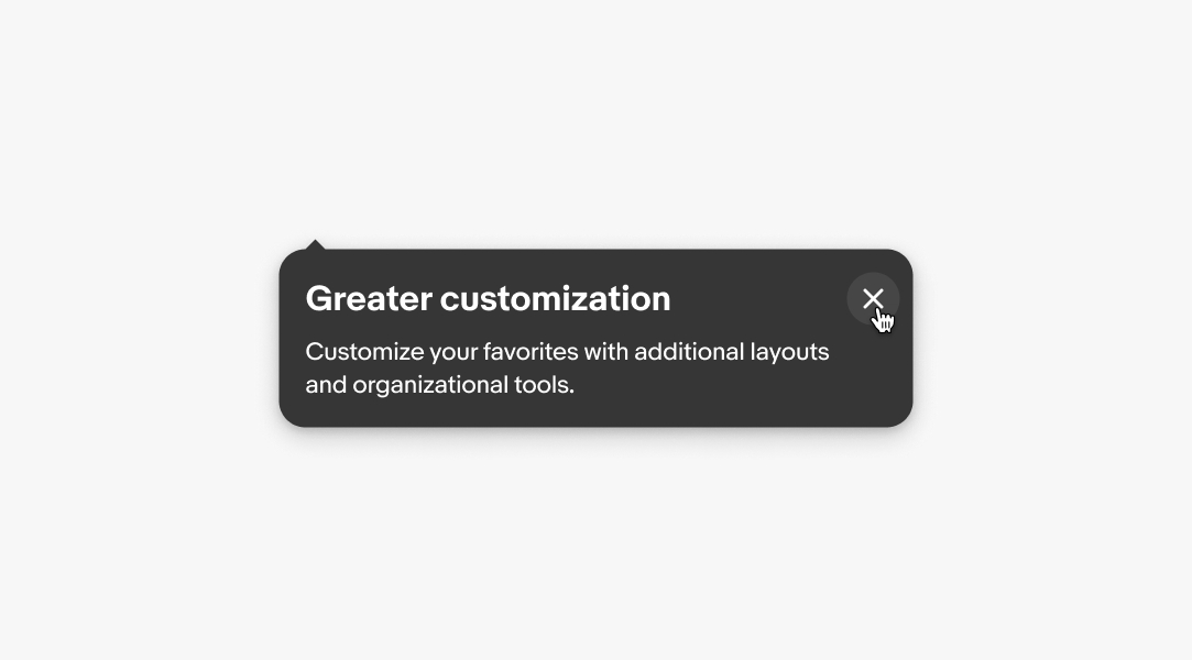 A cursor hovers over the dismiss button on a tourtip.