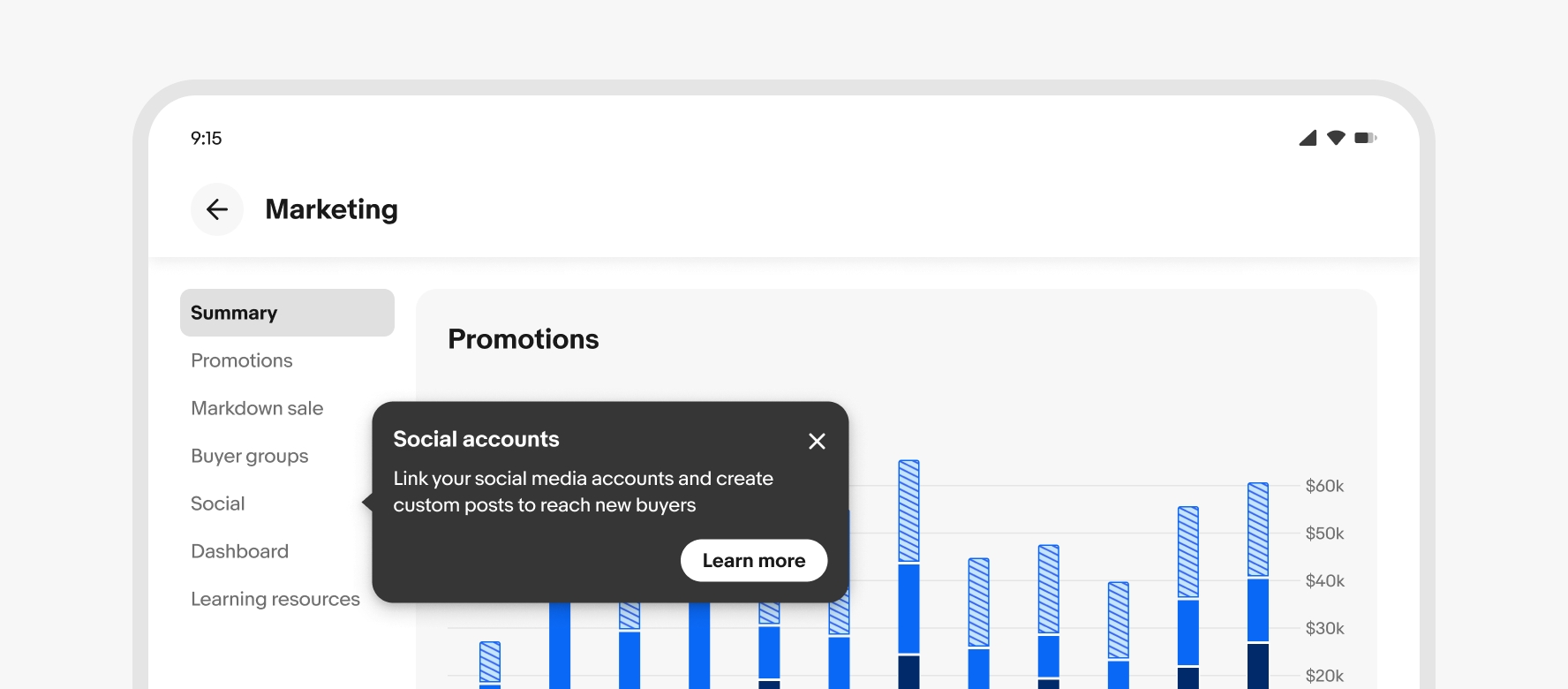 On a medium screen, a Social accounts tourtip points to a ‘Social’ page on a side navigation.