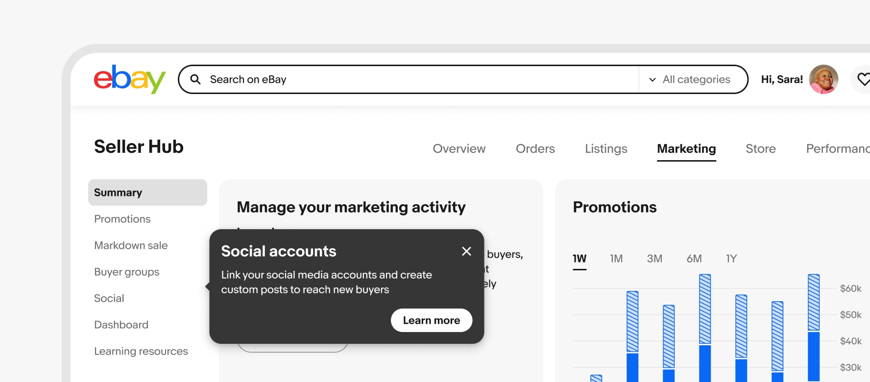 On a large screen, a Social accounts tourtip points to a ‘Social’ page on a side navigation.