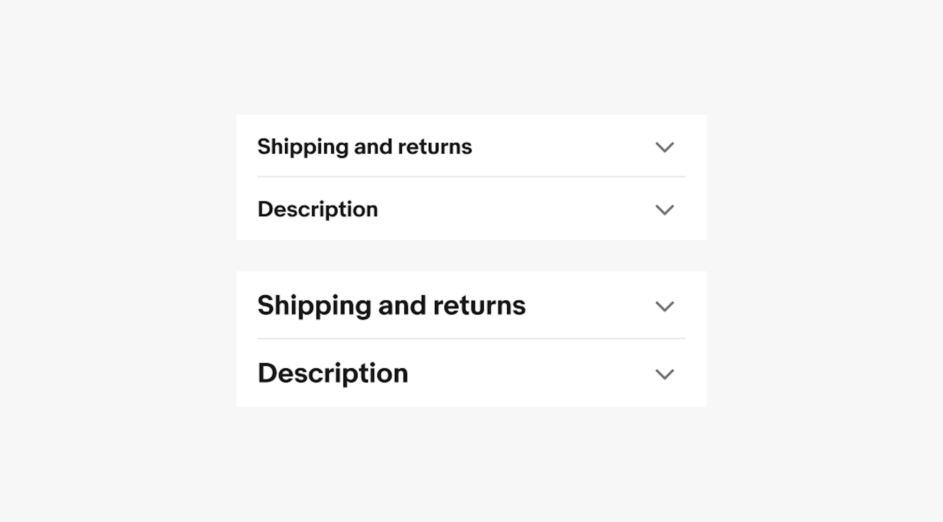 Three Accordions with different titles: ‘Shipping and returns’, ‘Description’, and ‘Specifications’.