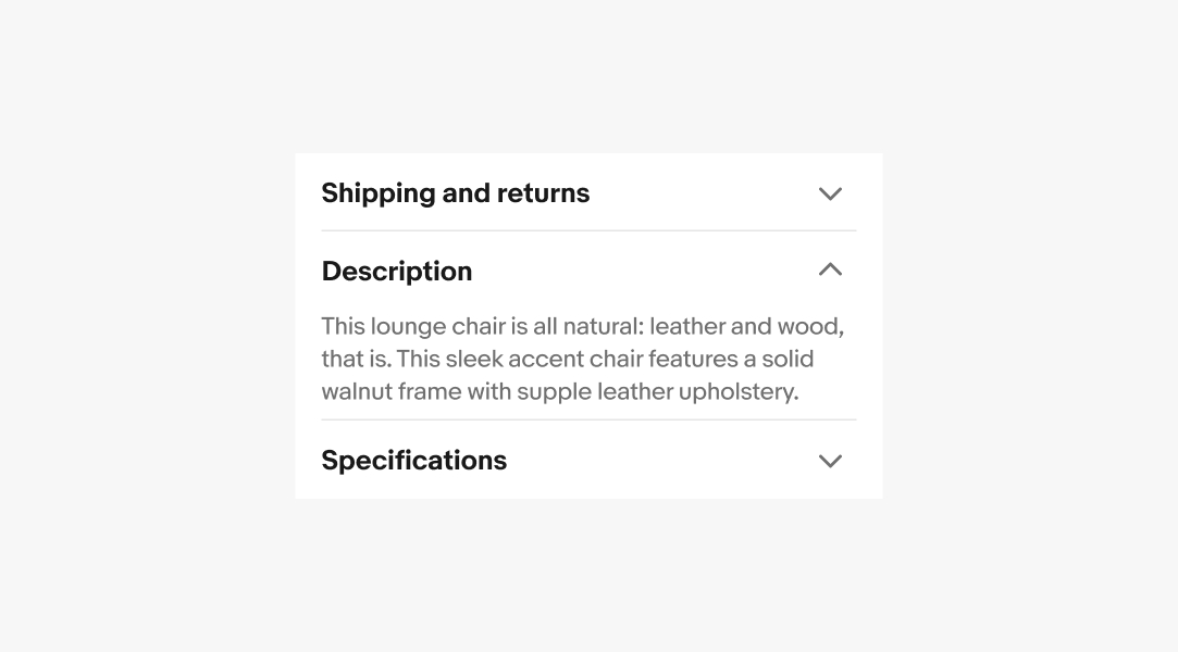 Two row accordion displaying one row with a paragraph of text describing the lounge chair, and a second row showing name value pairs relating to the characteristics of the item.