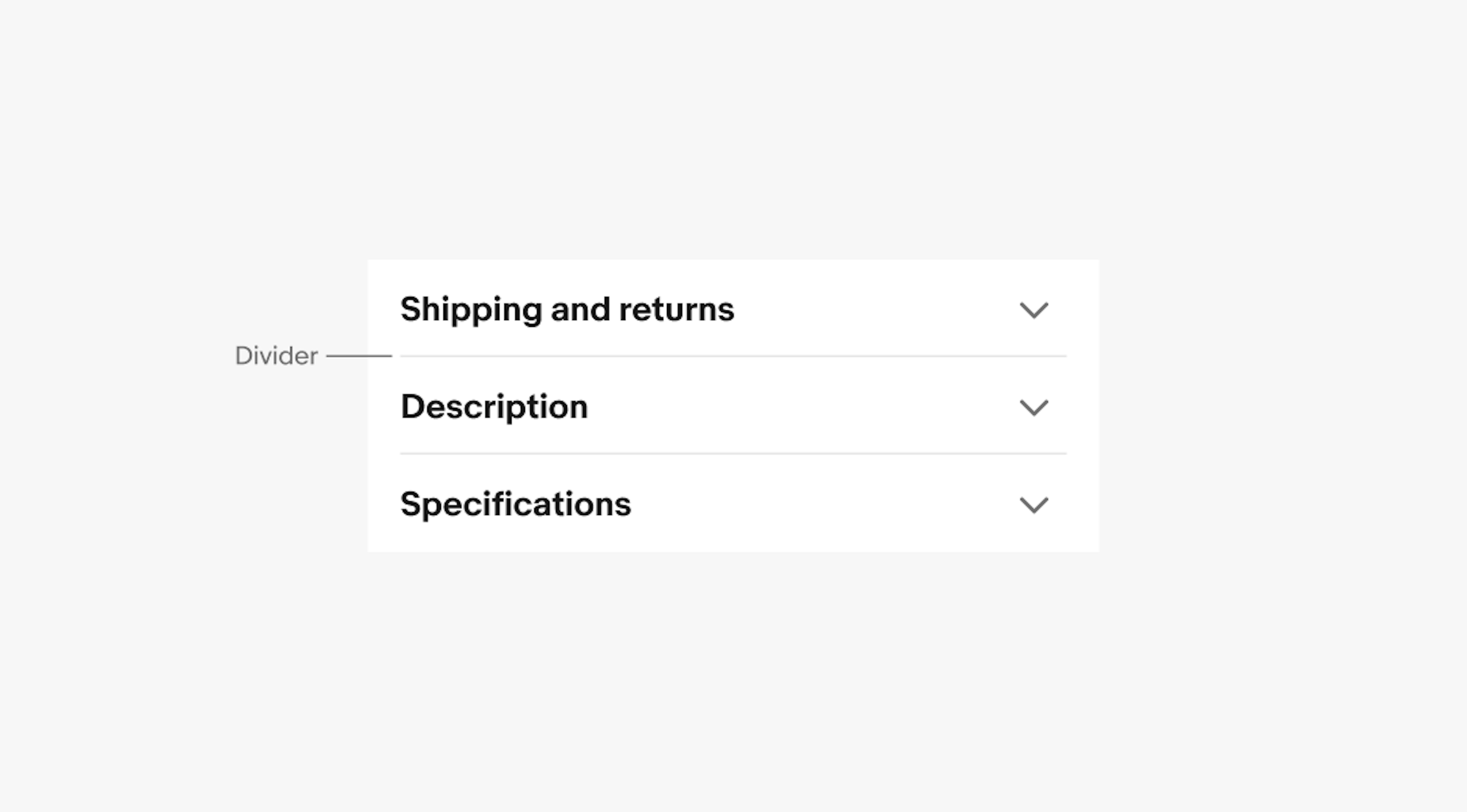 Three Accordions with different titles: ‘Shipping and returns’, ‘Description’, and ‘Specifications’. A label points to the dividing line between rows.