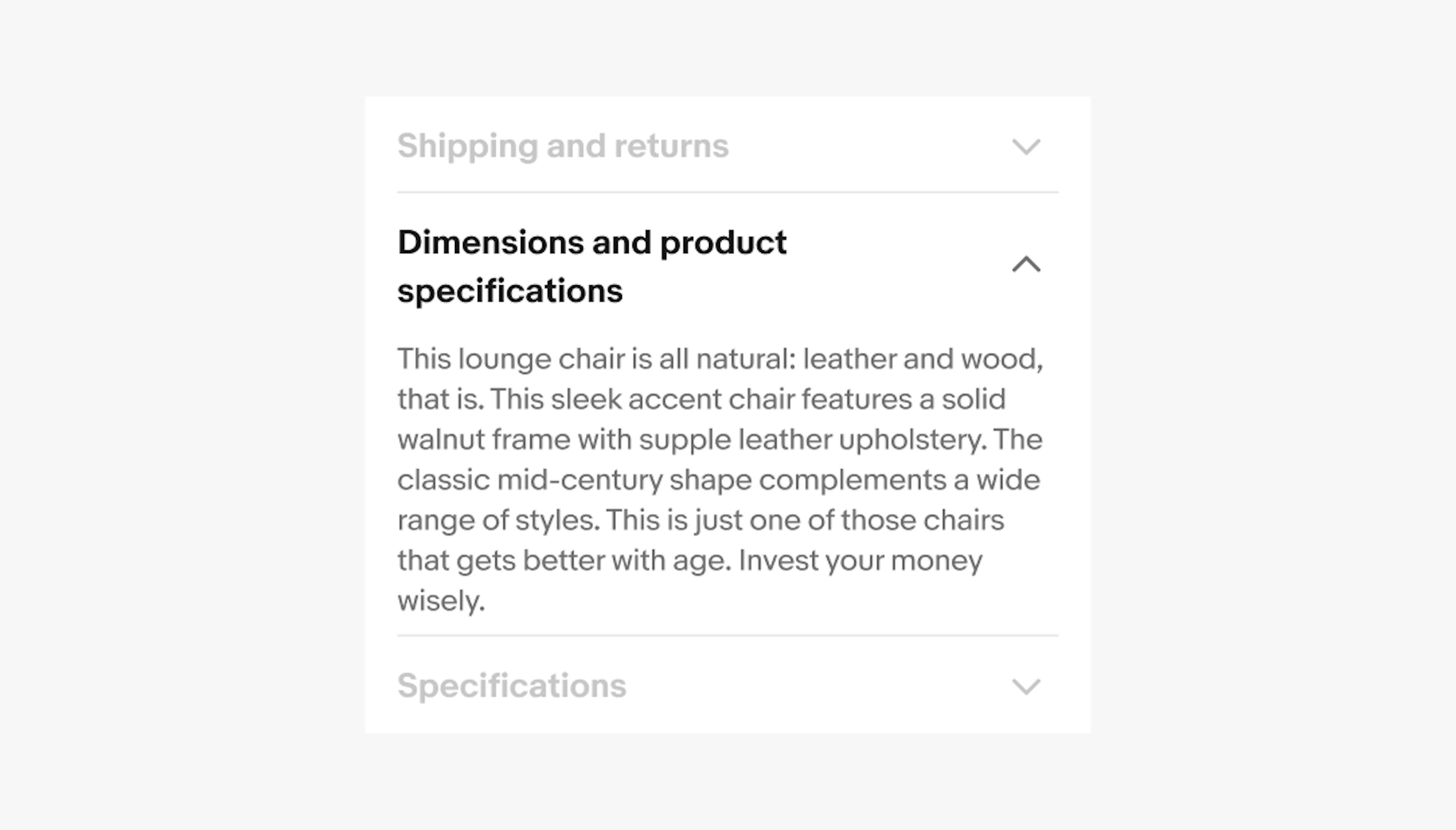 Three Accordions with different titles: ‘Shipping and returns’, ‘Dimensions and product specifications’, and ‘Description’. The second row includes a multi line text description example about a lounge chair.