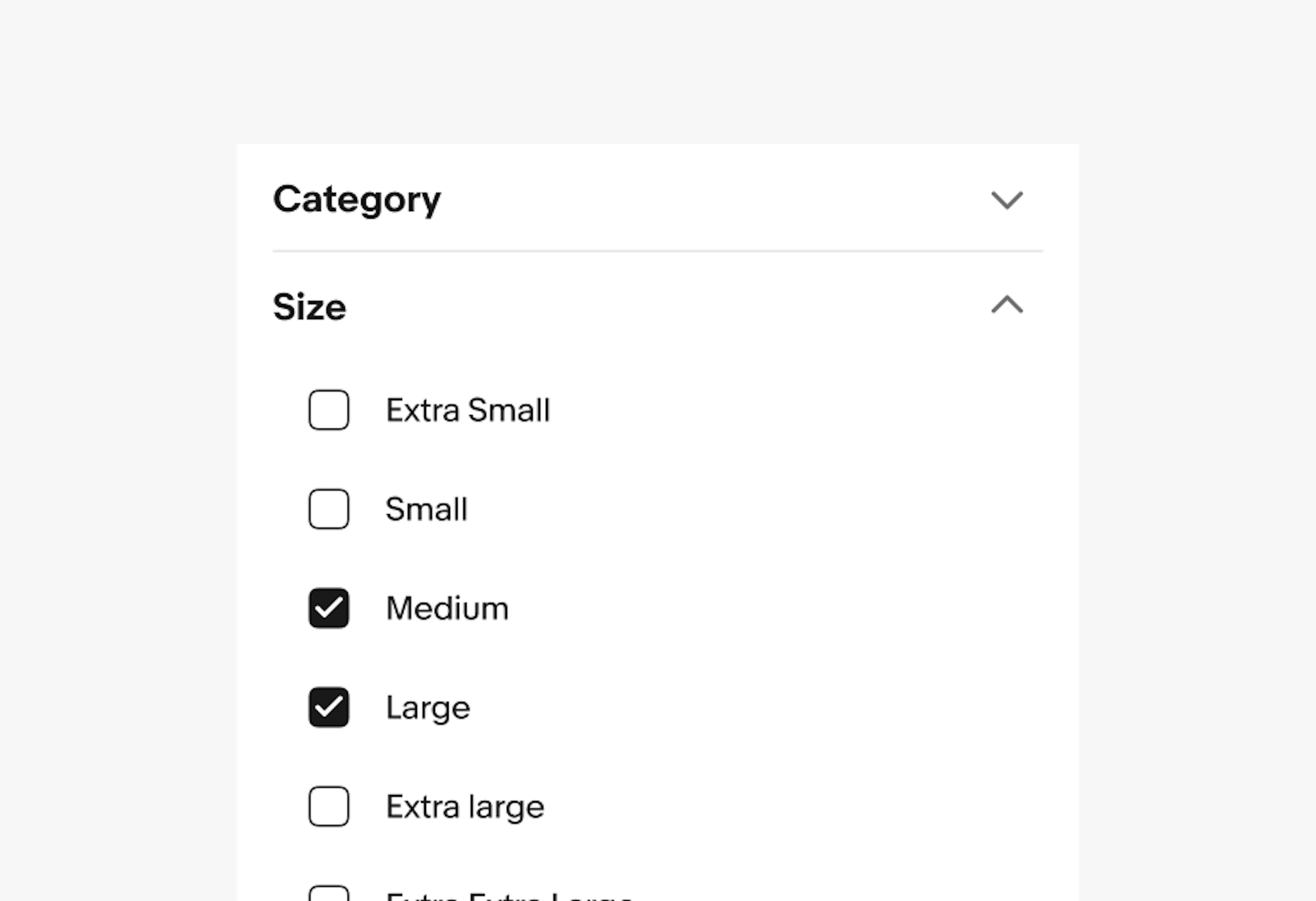 Accordion row containing one sub section or nested options with chevron icons 