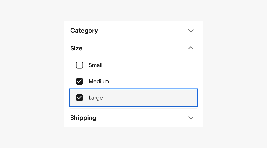An example of an Accordion with three rows, in closed and open states. In the open state the content includes checkbox list with one item in focus state treatment.