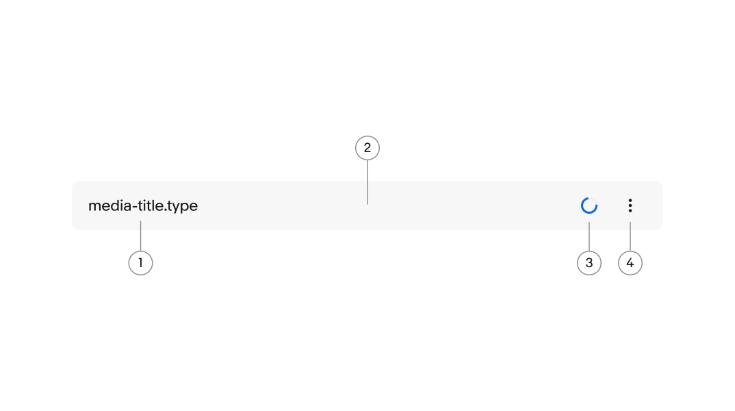 A diagram of a file list with 4 elements: 1. File name, 2. Asset container, 3. Loading spinner, 4. Icon button.