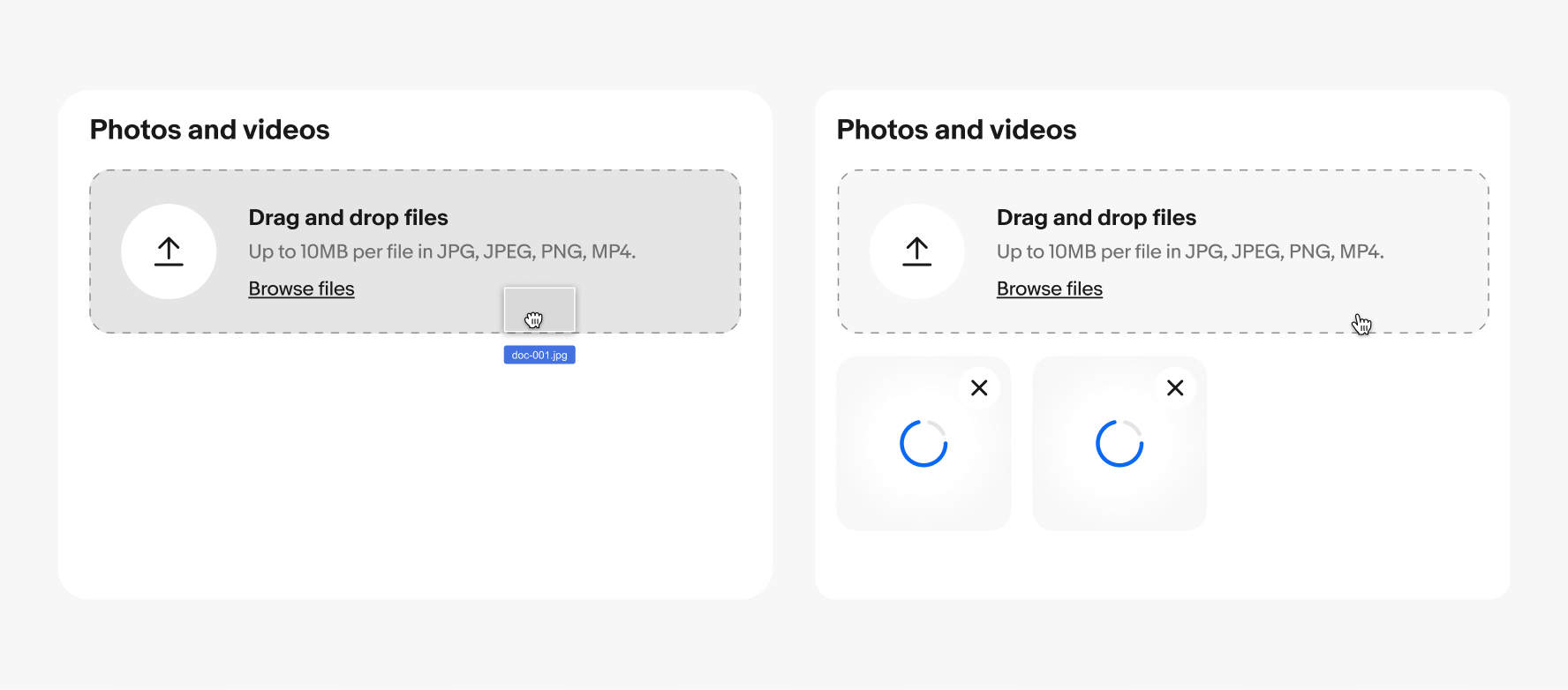 Two examples of a File input field, first with a cursor hovering to drop a file, and the second with two files loading after being dropped.
