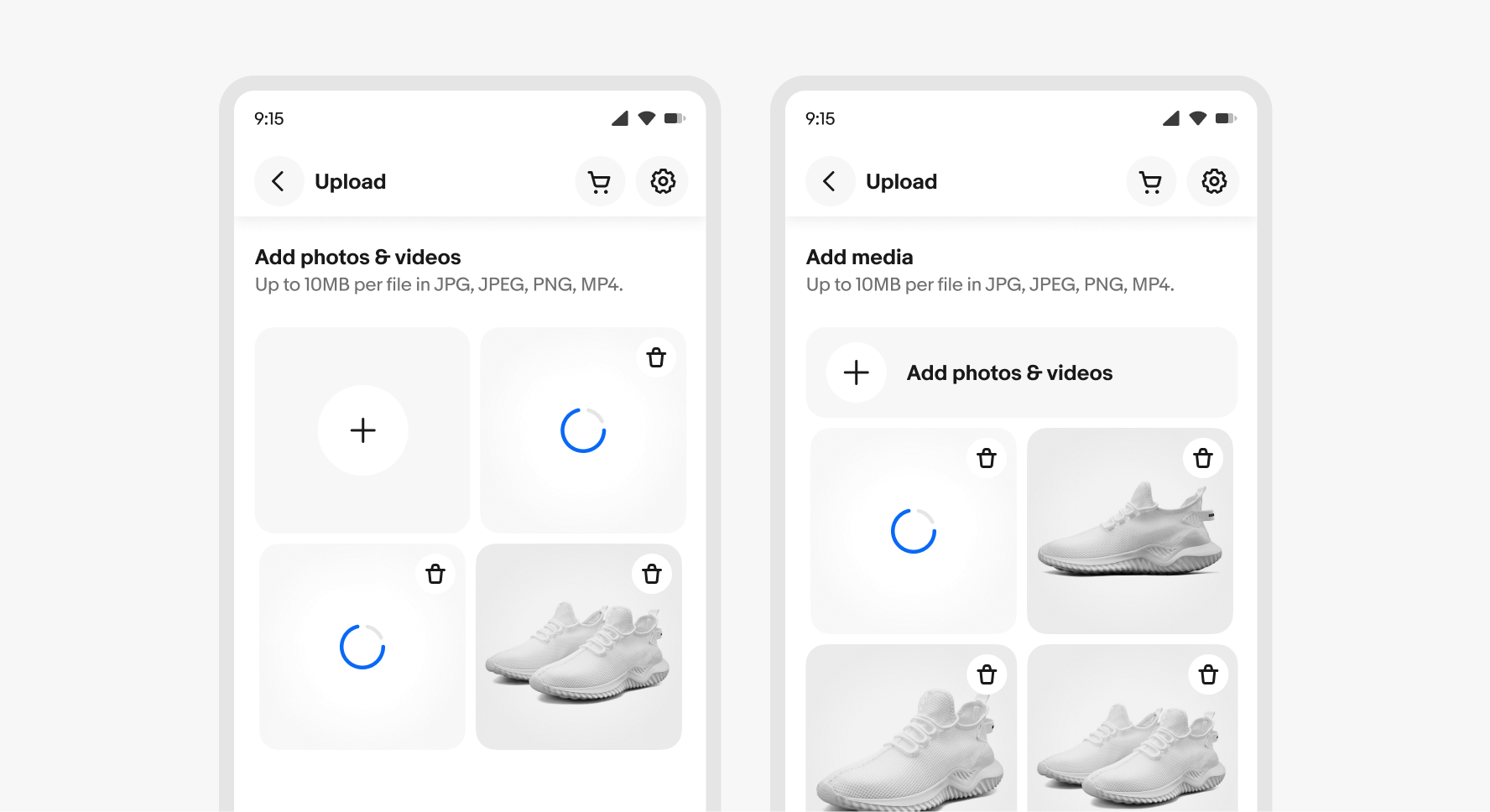 Two examples of an Add button in a native app screen, one square and one rectangular.