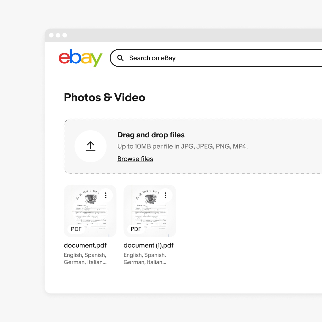 An example of a File input field and File preview cards with file names and descriptions under each photo.