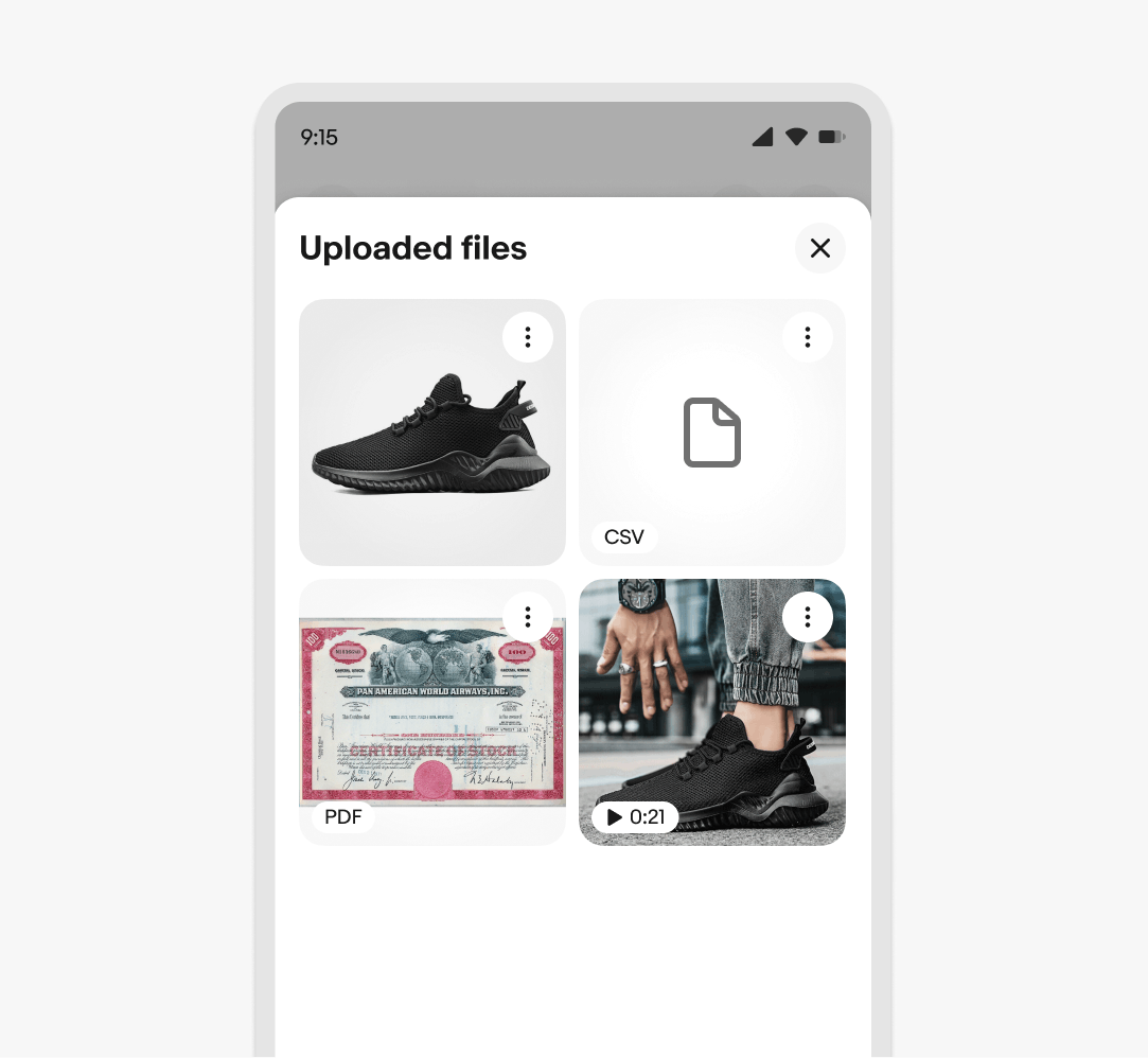 An example of File preview cards with different media types identified including CSV, PDF, and video.