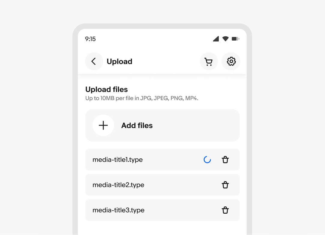 An example of a File list showing three files with one in the loading state.