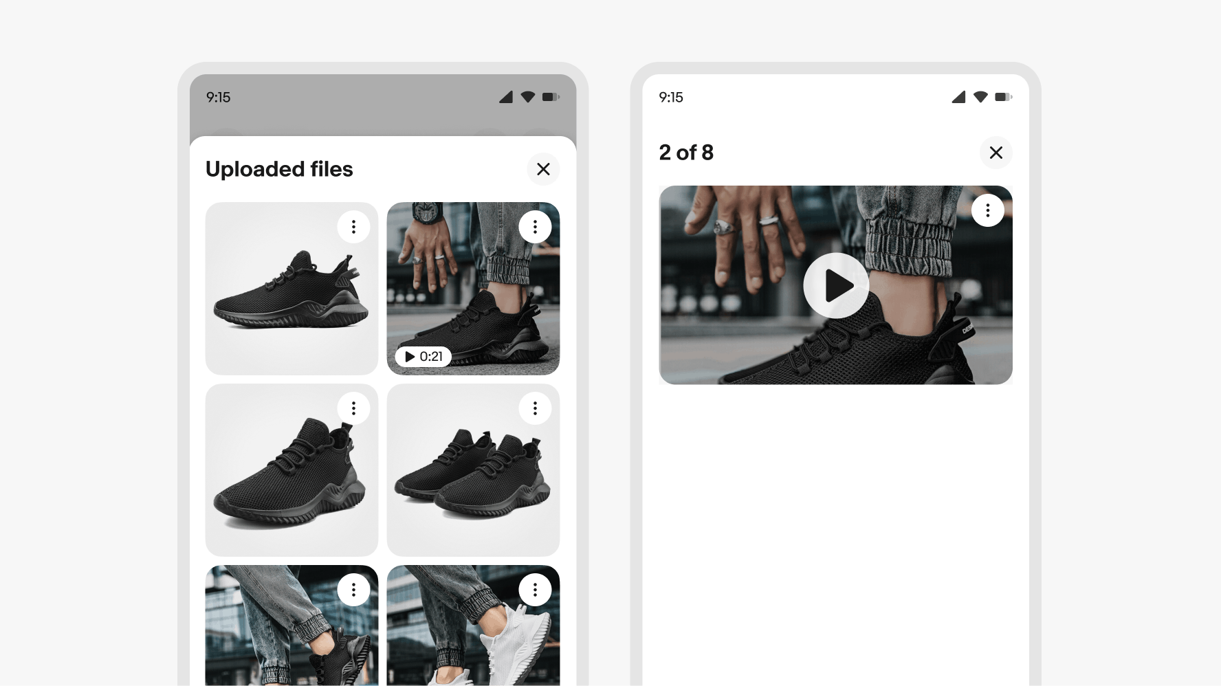 An example of File preview cards next to an example of a video preview from the gallery.