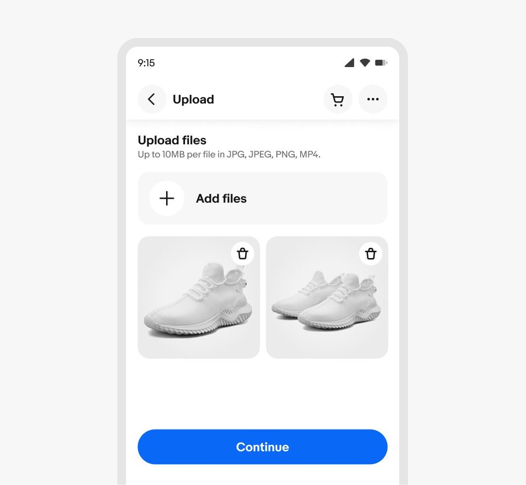 An example of File preview cards with a delete icon button over the image.