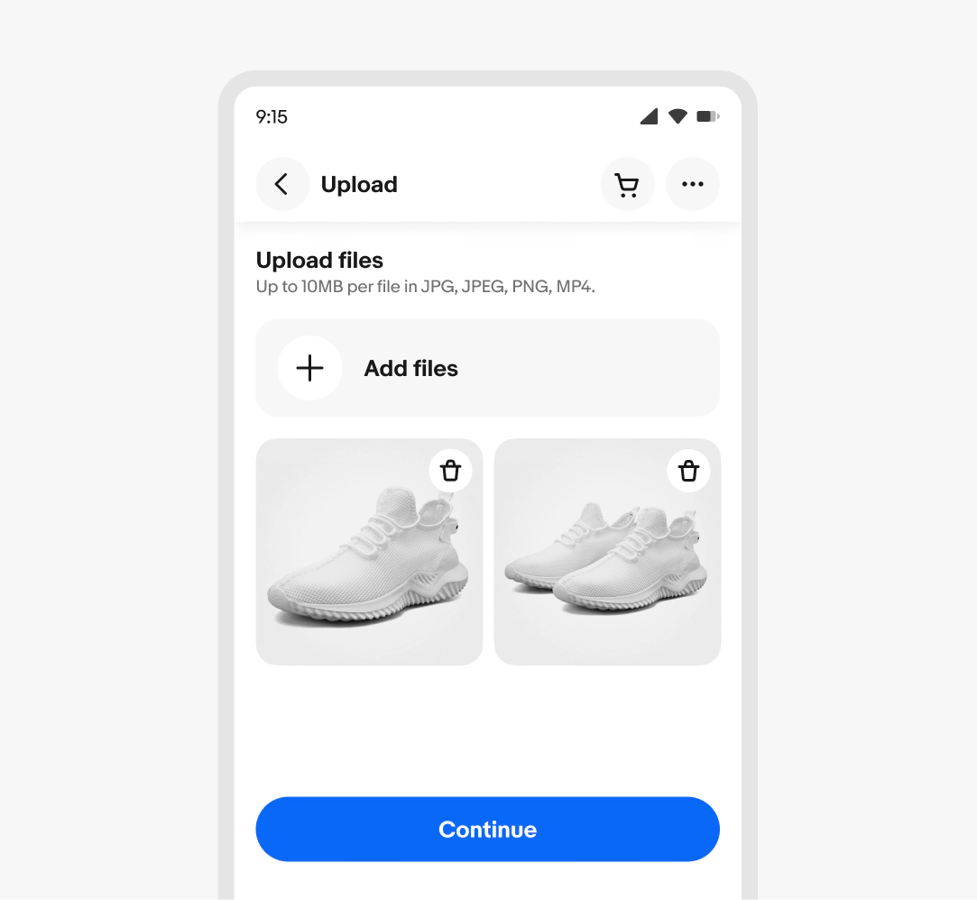 An example of File preview cards with a delete icon button over the image.