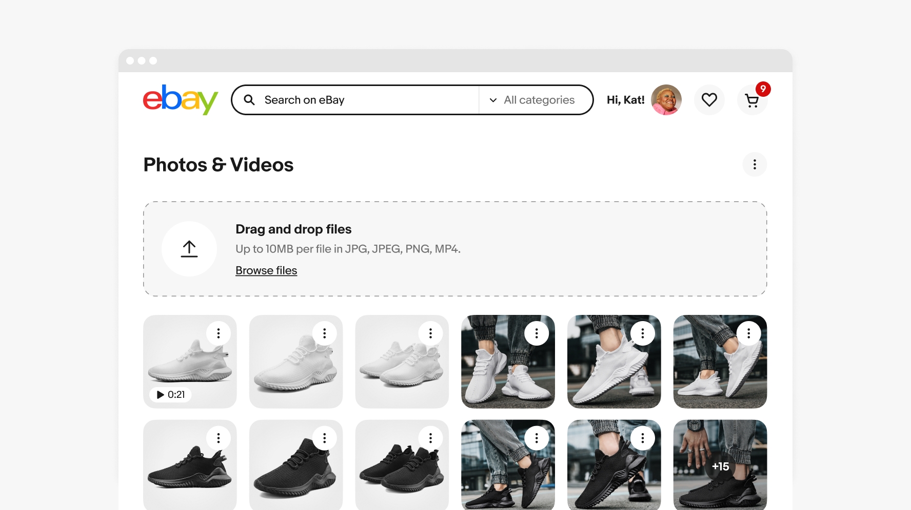 Example of a desktop web file upload showing file preview cards of shoes.