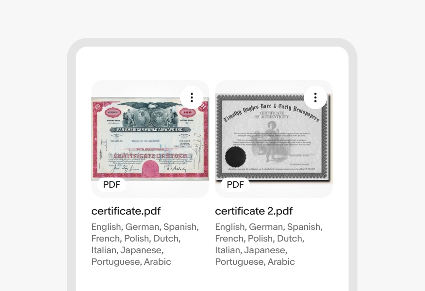 A set of two file preview cards, each with four rows of file description text.