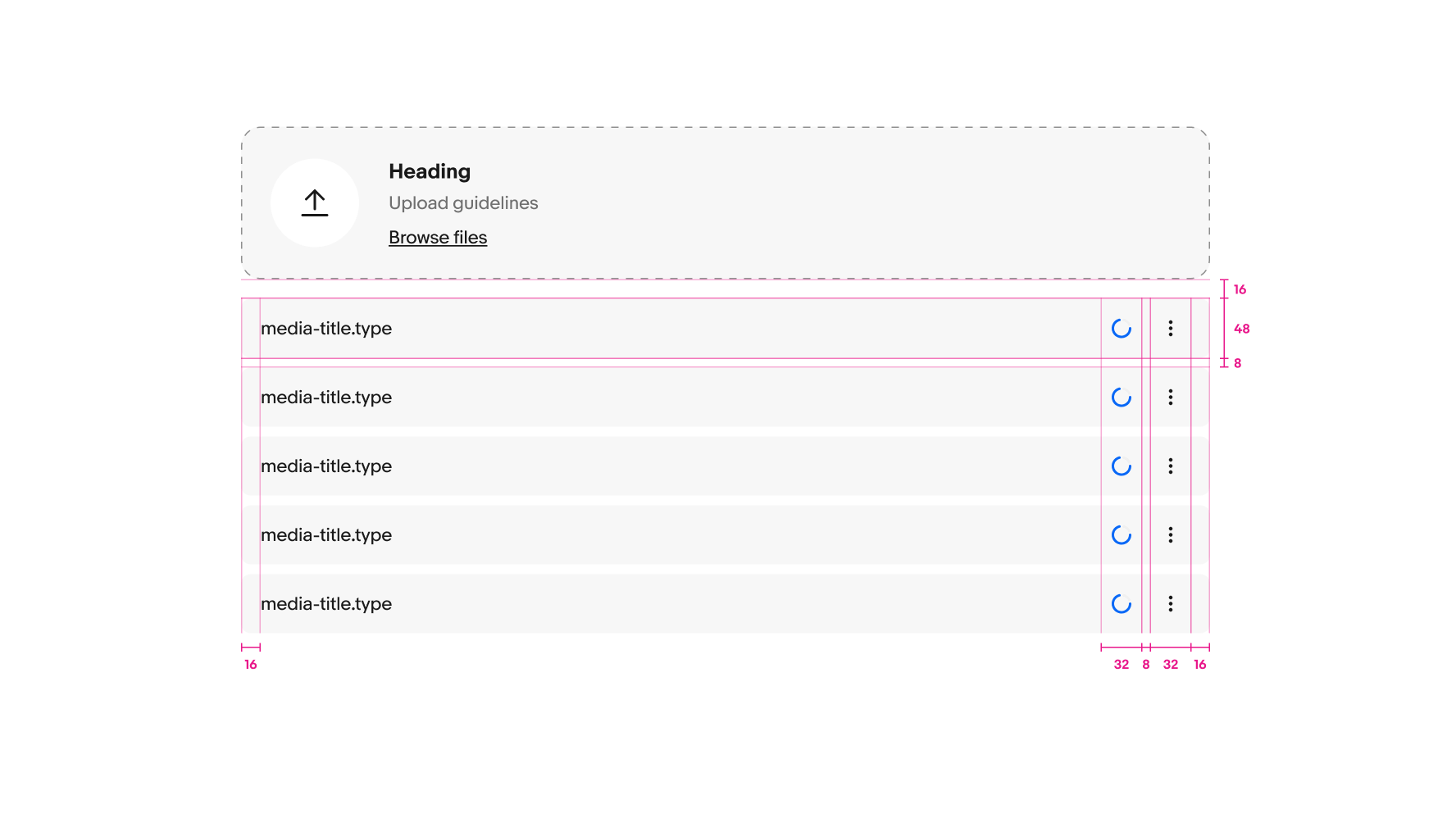 File upload with File input field and File preview card components shown with paddings and spacing specs highlighted.