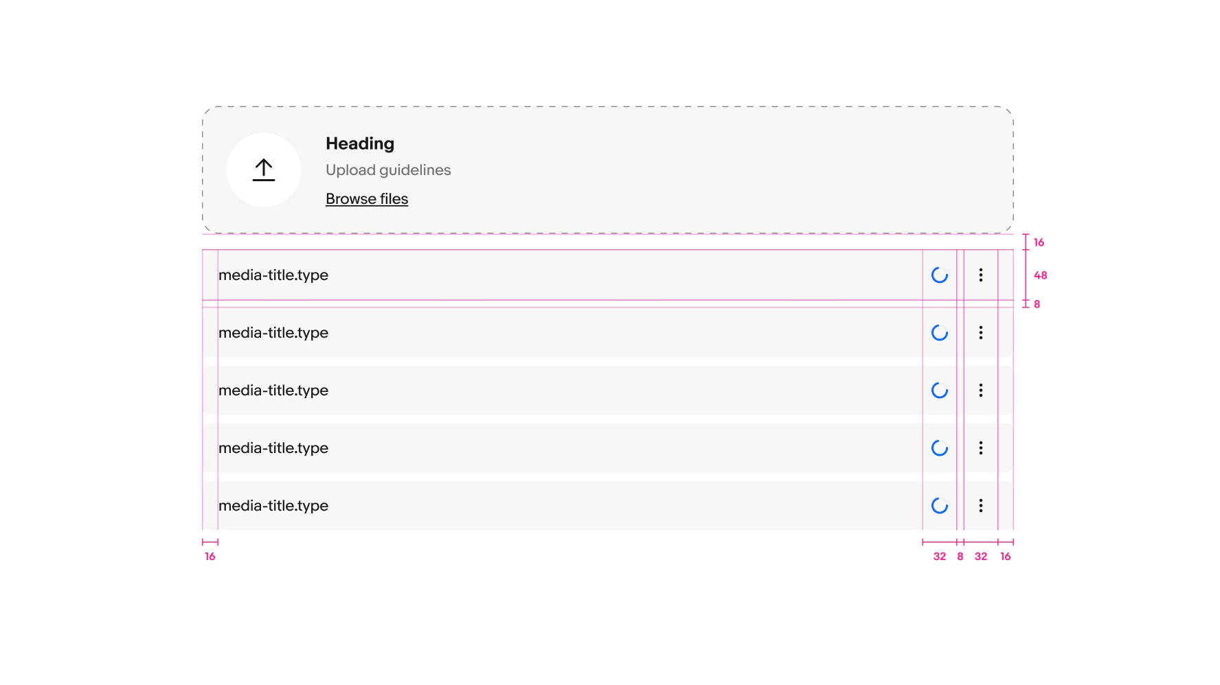 File upload with File input field and File preview card components shown with paddings and spacing specs highlighted.