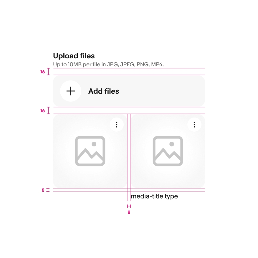 File upload with File input field and File preview card components shown with paddings and spacing specs highlighted.