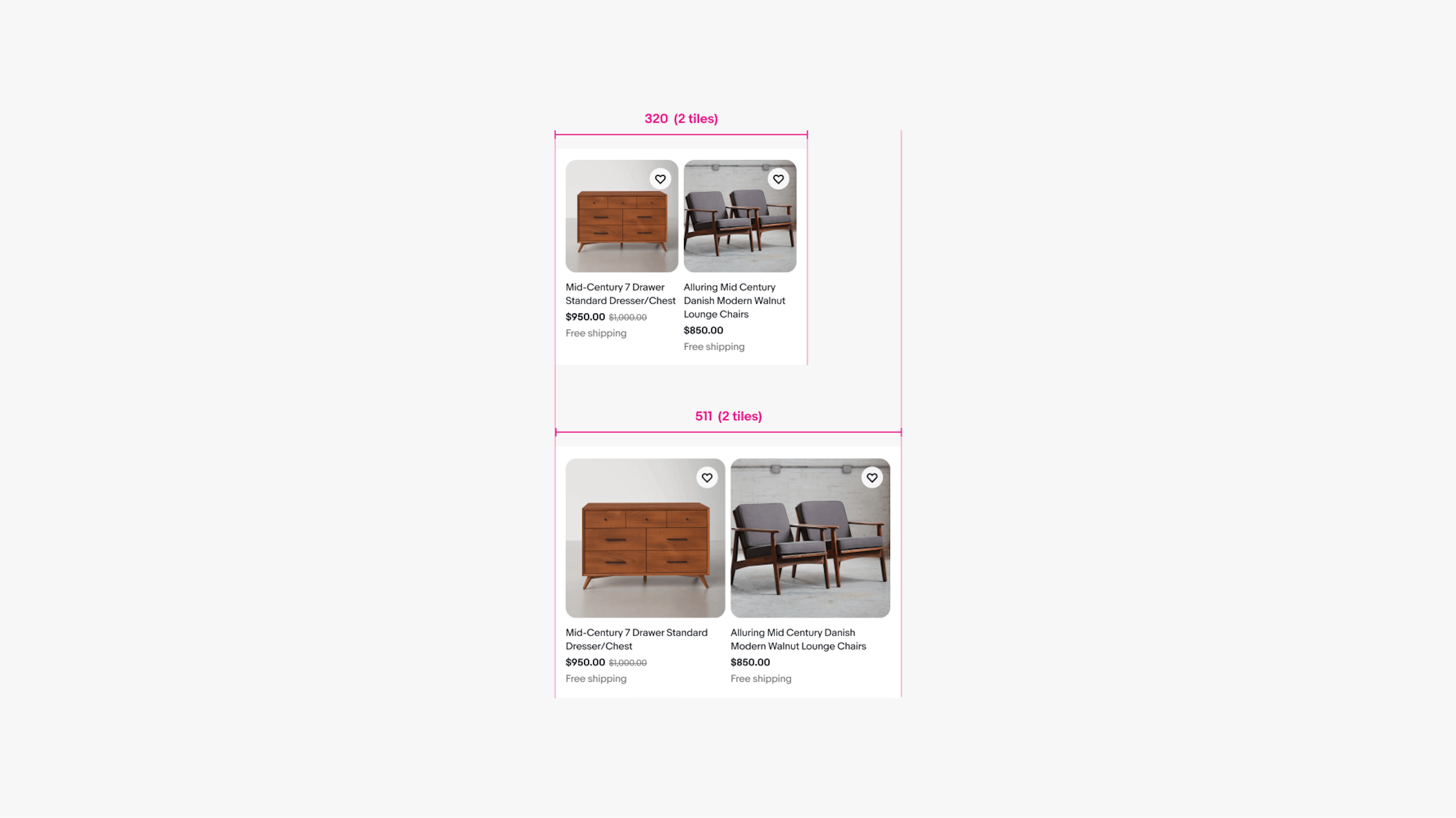 Small screen uniform grid layouts with 2 item tiles each.